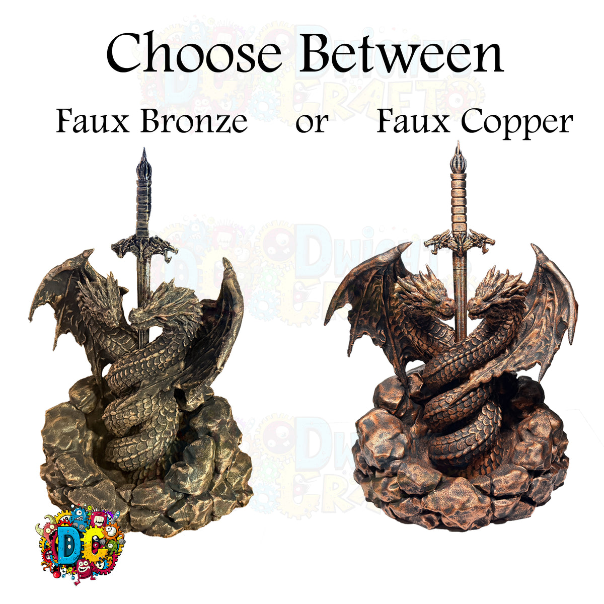 Two dragon sculptures with swords, one labeled 'Faux Bronze' and the other 'Faux Copper', on a white background.