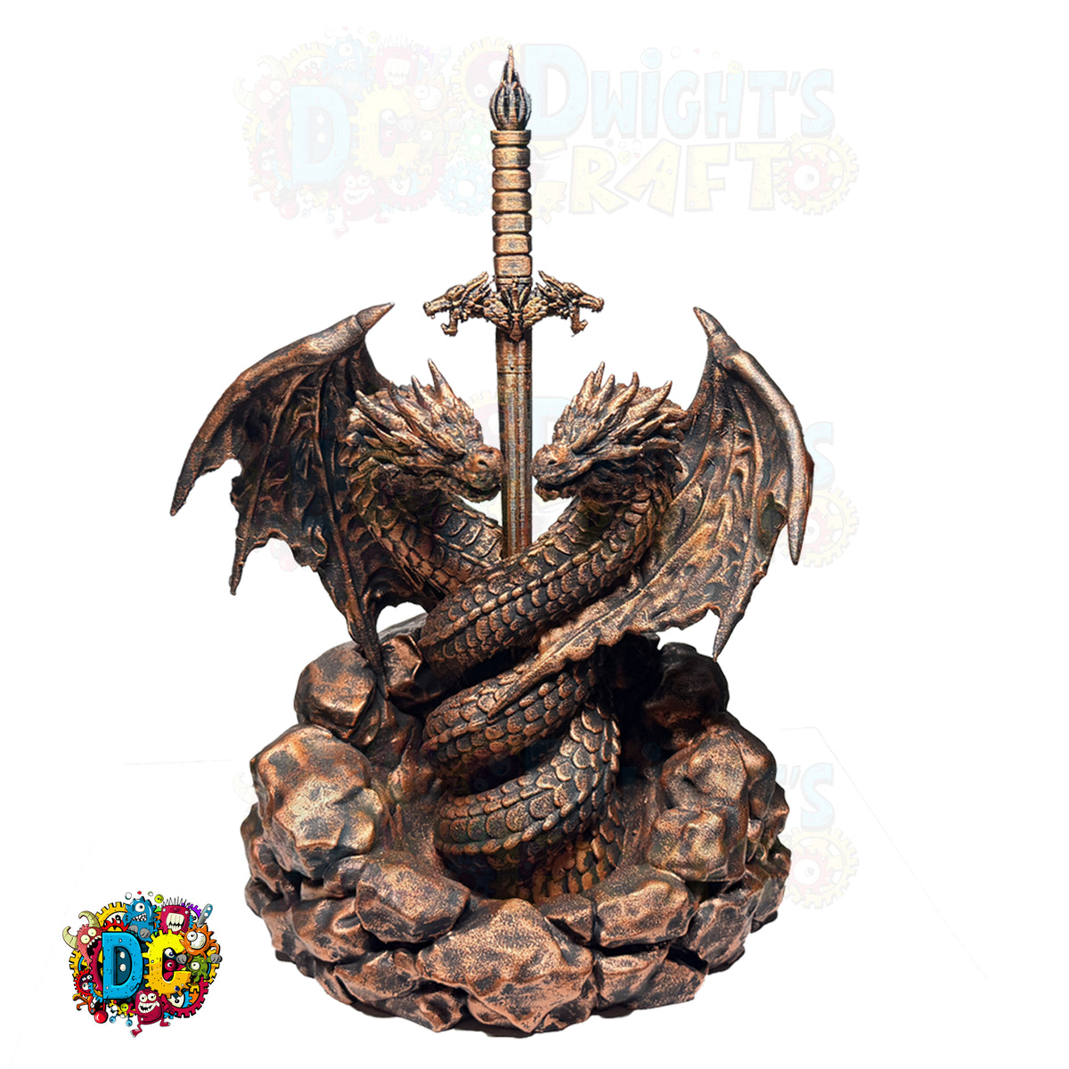 Bronze dragon statue holding a sword on a white background