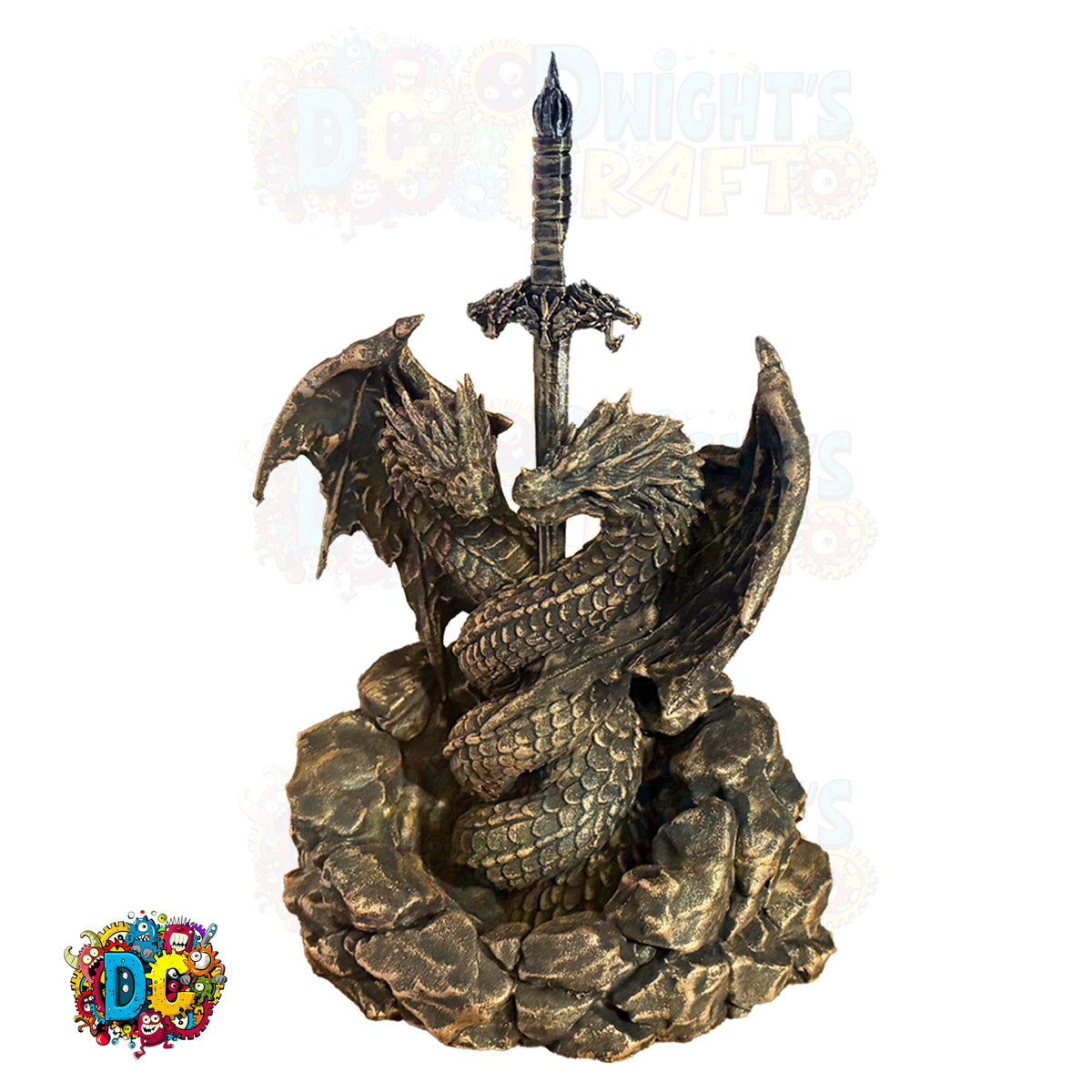 Bronze dragon sculpture with a sword on a white background