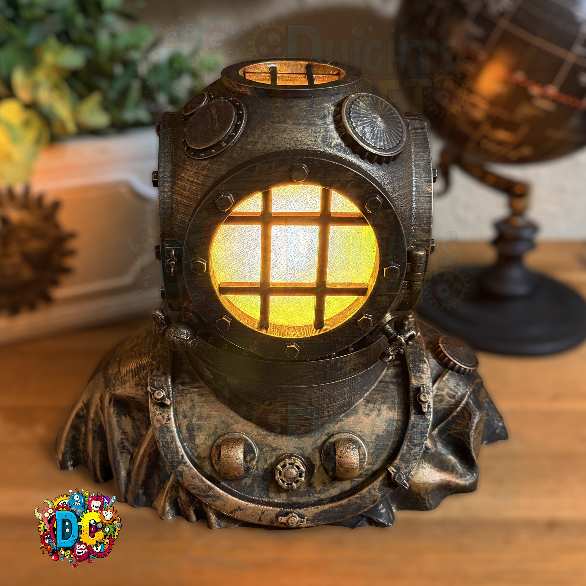 Decorative lamp with a vintage diving helmet design on a wooden surface.