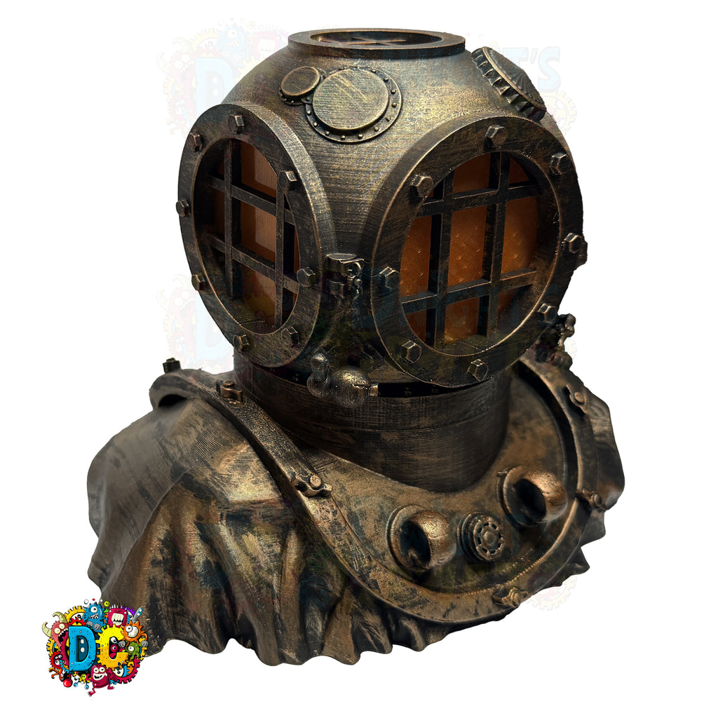 Vintage-style diving helmet on a white background