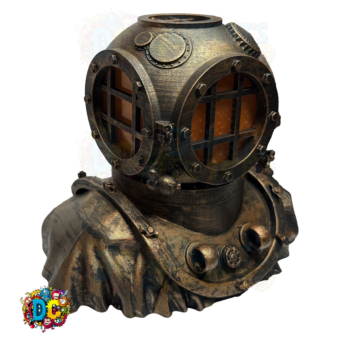 Vintage-style diving helmet on a white background