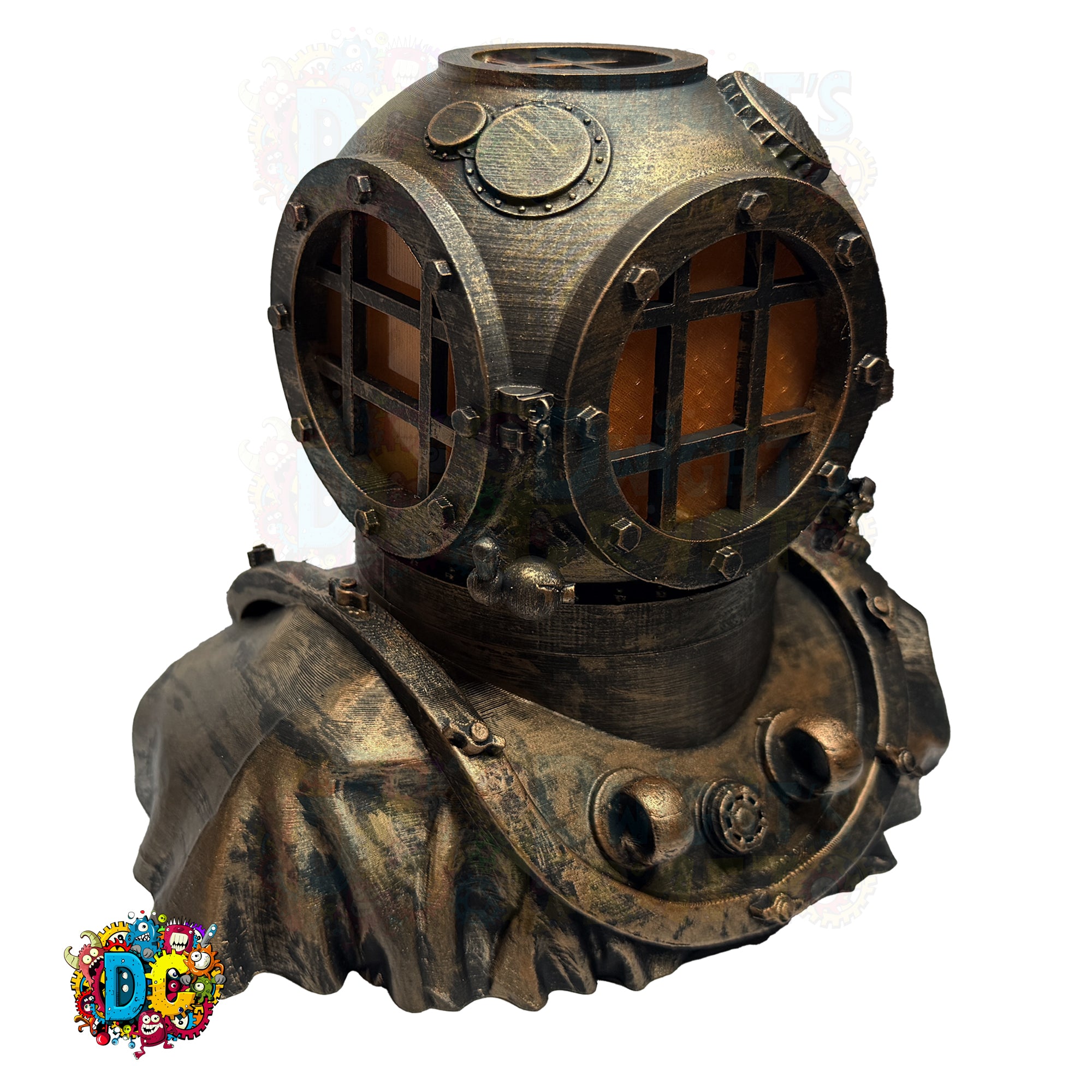 Vintage-style diving helmet on a white background