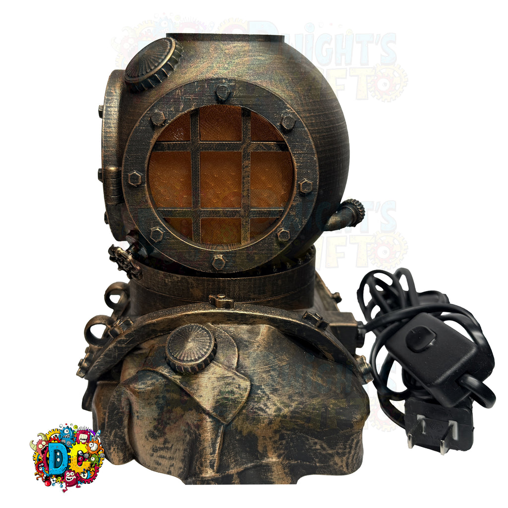 Vintage-style diving helmet with a power cord on a white background