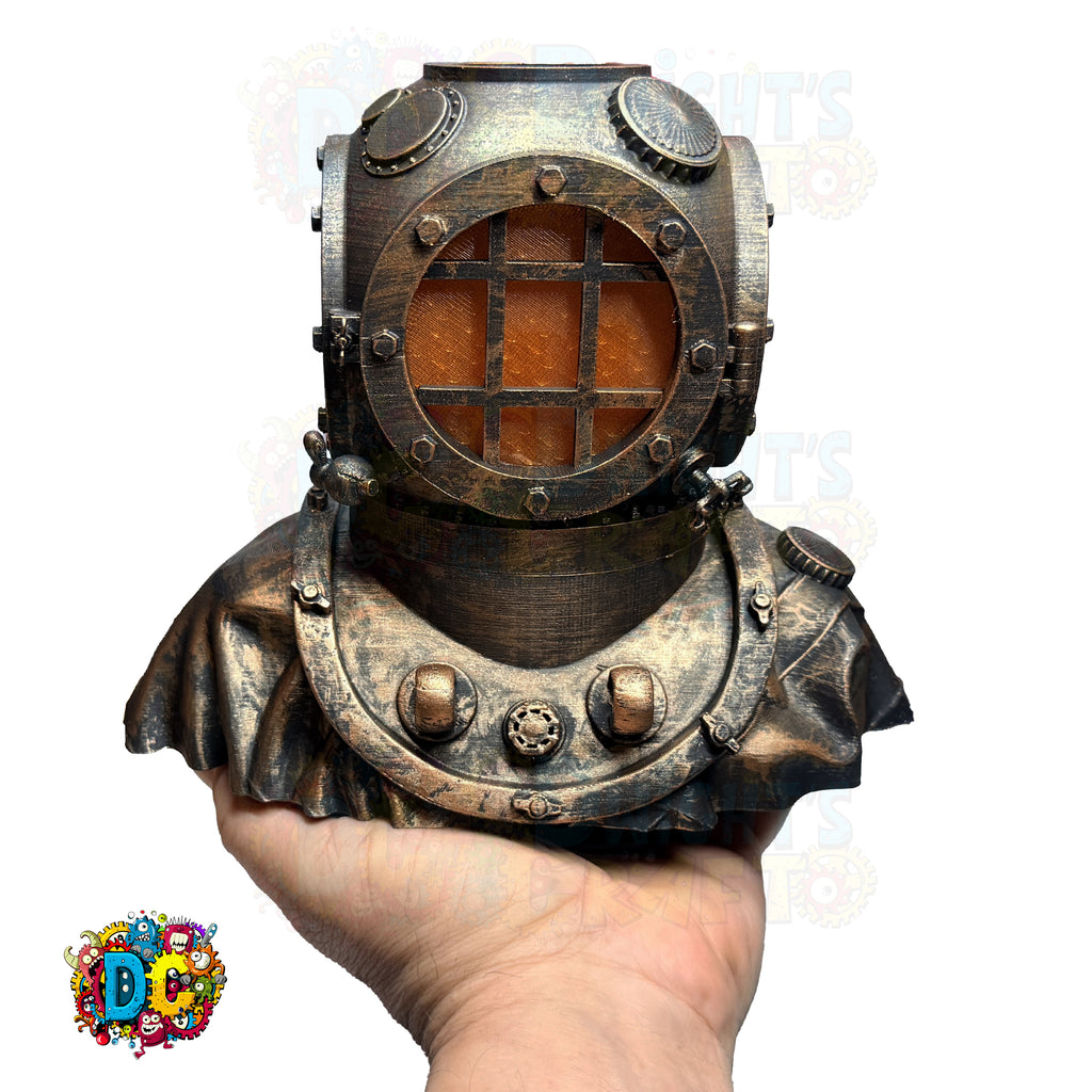 Steampunk-style diving helmet held in a hand against a white background