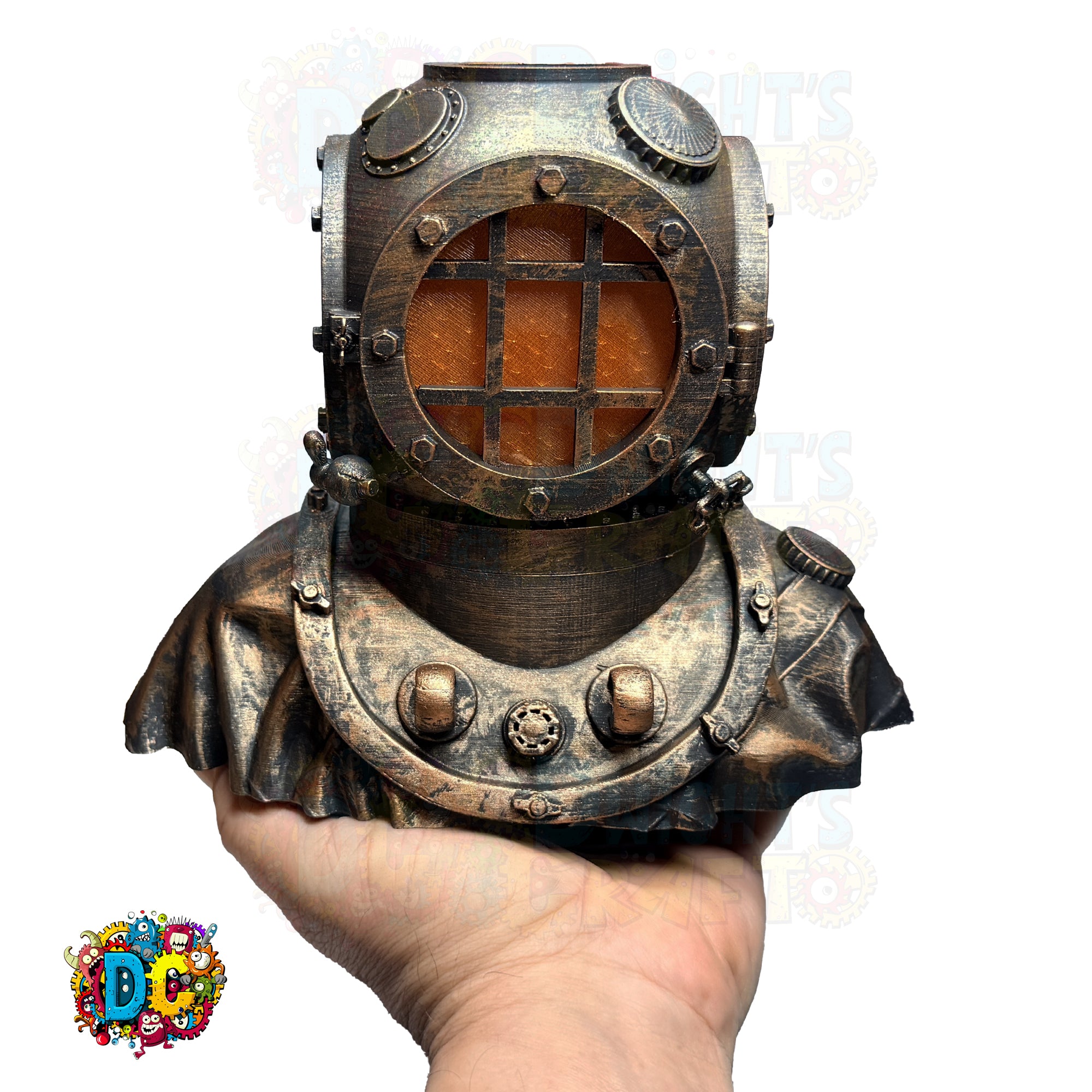 Steampunk-style diving helmet held in a hand against a white background