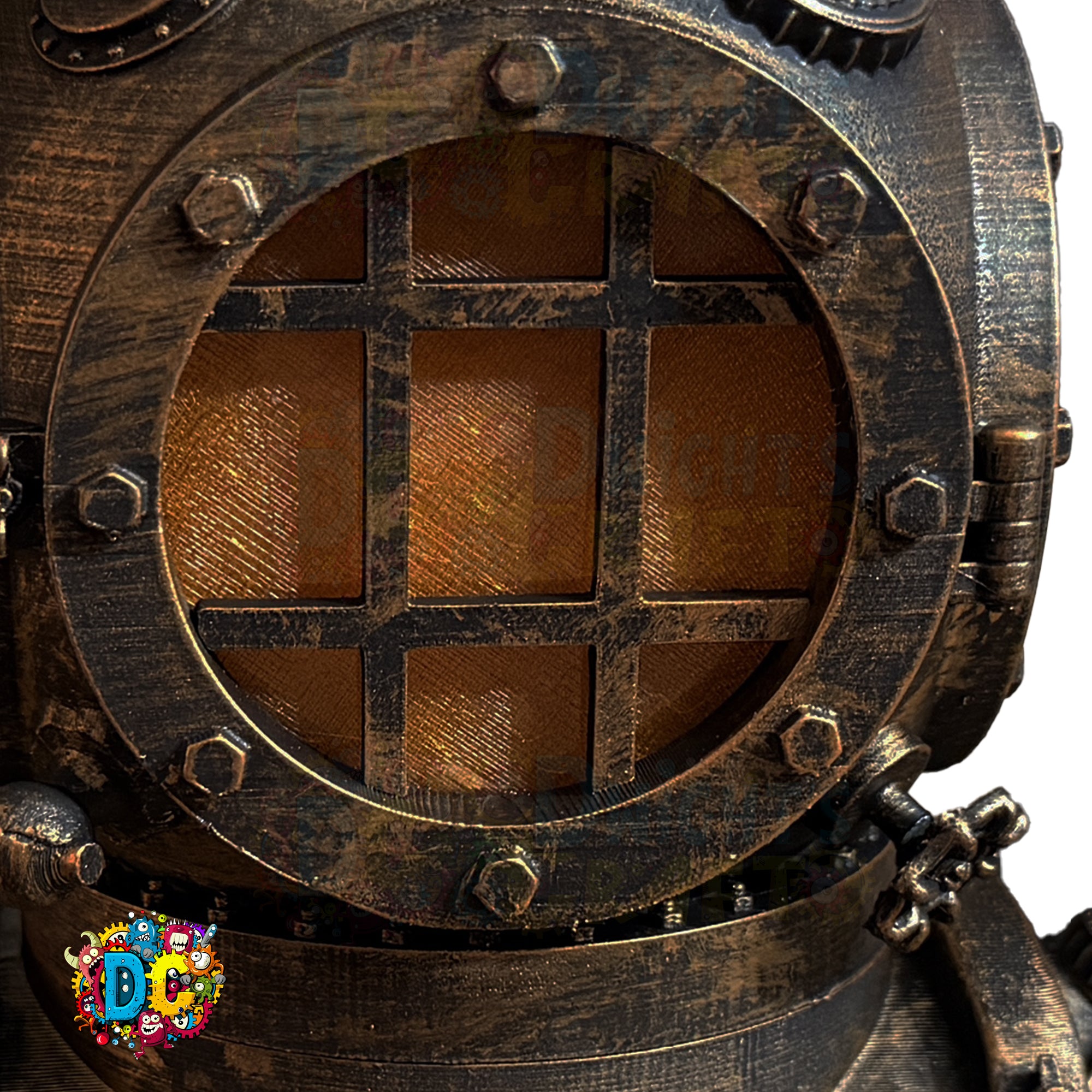 Close-up of a vintage-style metal porthole with a grid pattern on a white background