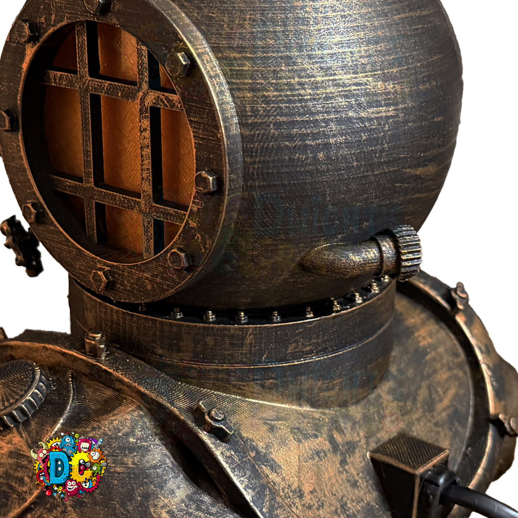 Close-up of a bronze diving helmet with intricate details on a white background