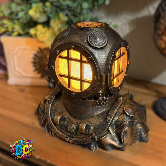 Decorative vintage-style lamp resembling a diving helmet on a wooden surface.