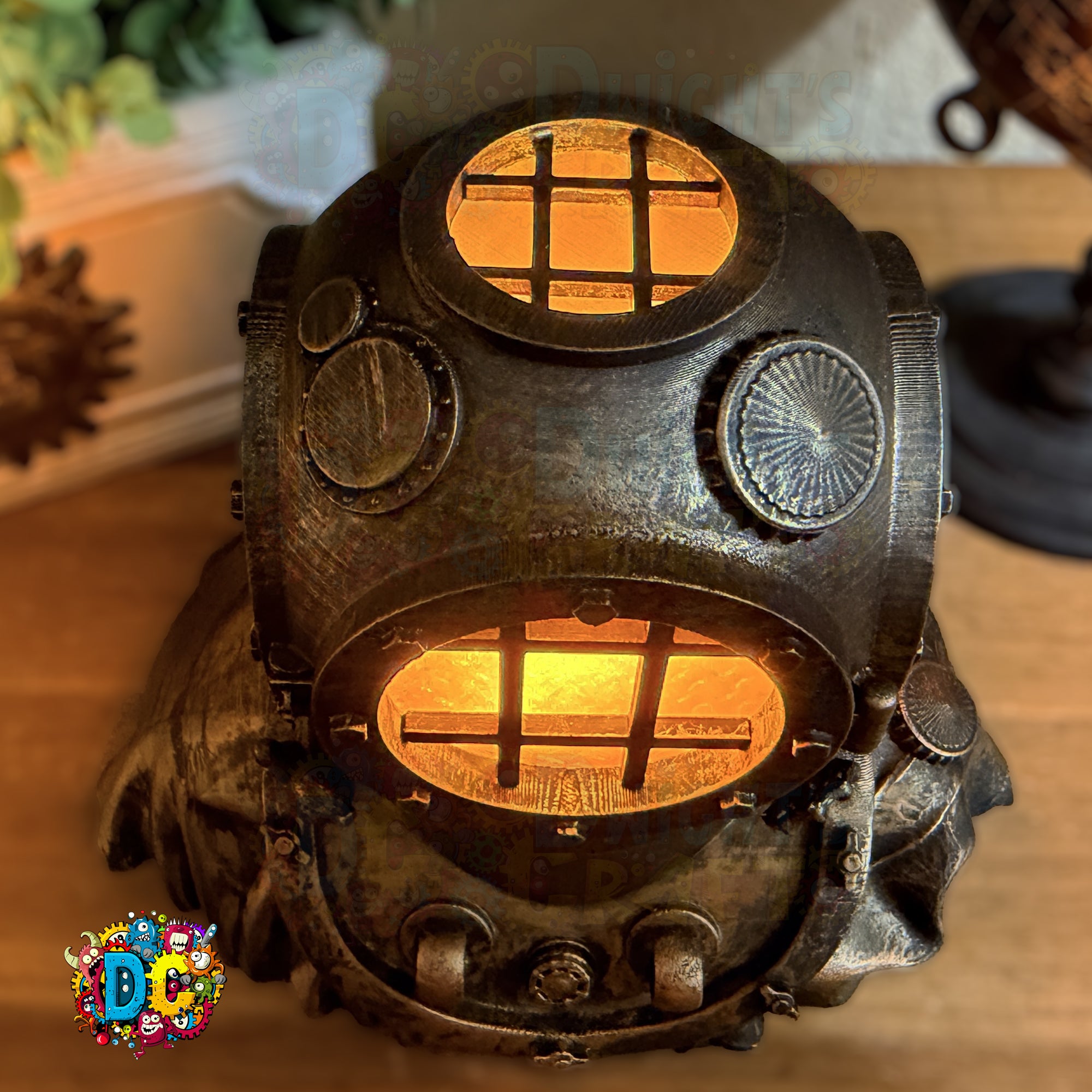 Decorative helmet with glowing interior on a wooden surface
