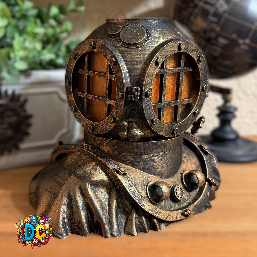 Steampunk-style helmet on a wooden surface with decorative elements in the background