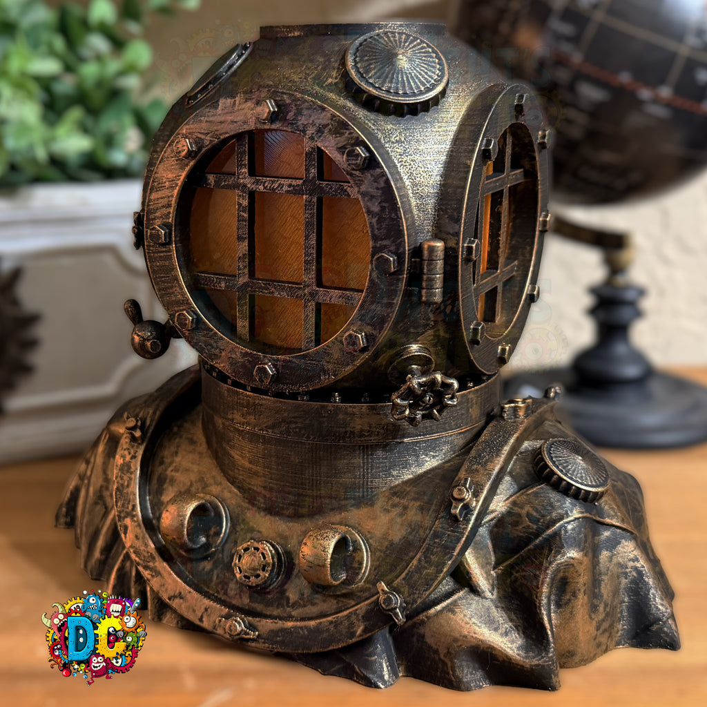 Vintage-style diving helmet on a wooden surface with decorative elements in the background