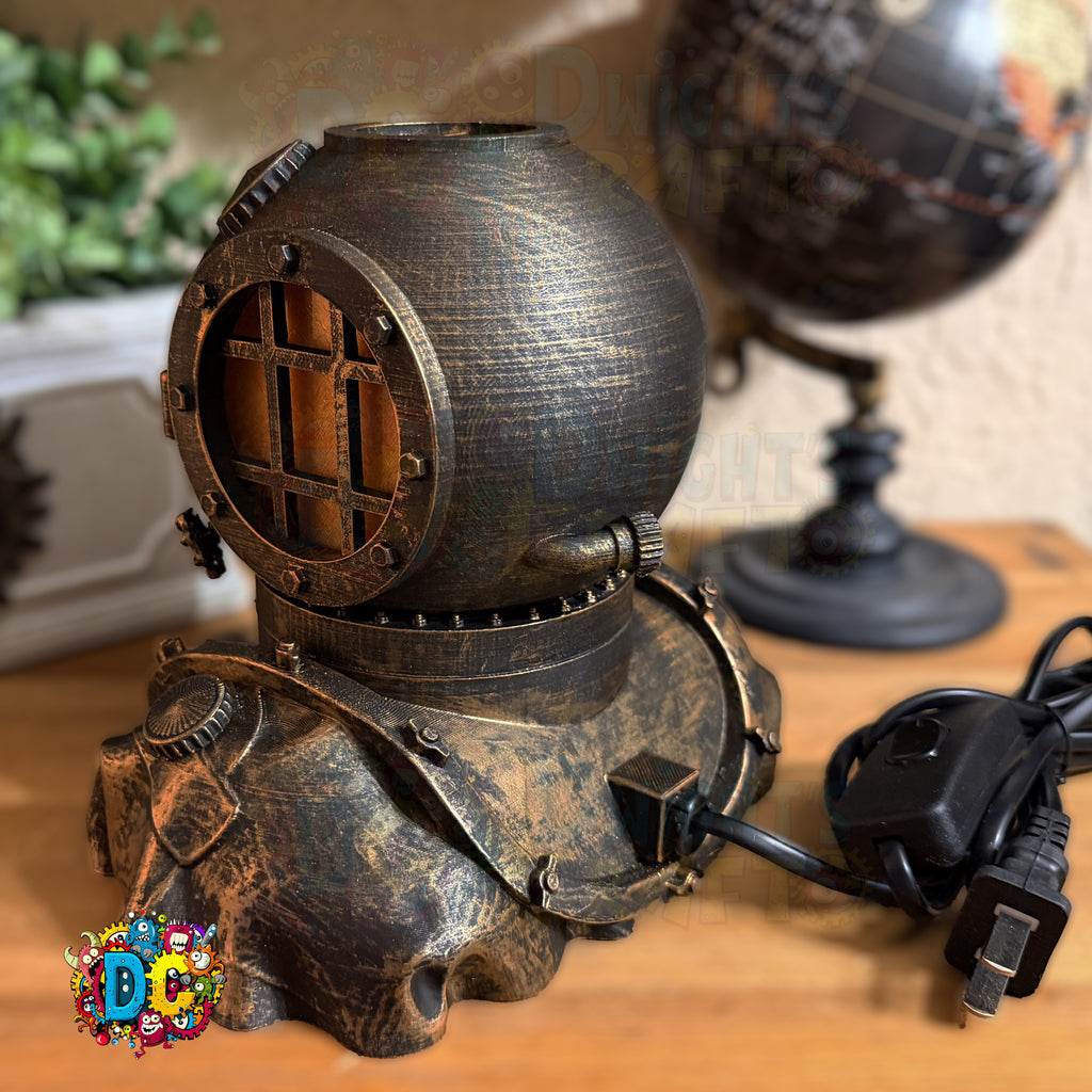 Vintage-style lamp with diving helmet design on a wooden surface, with a globe in the background.