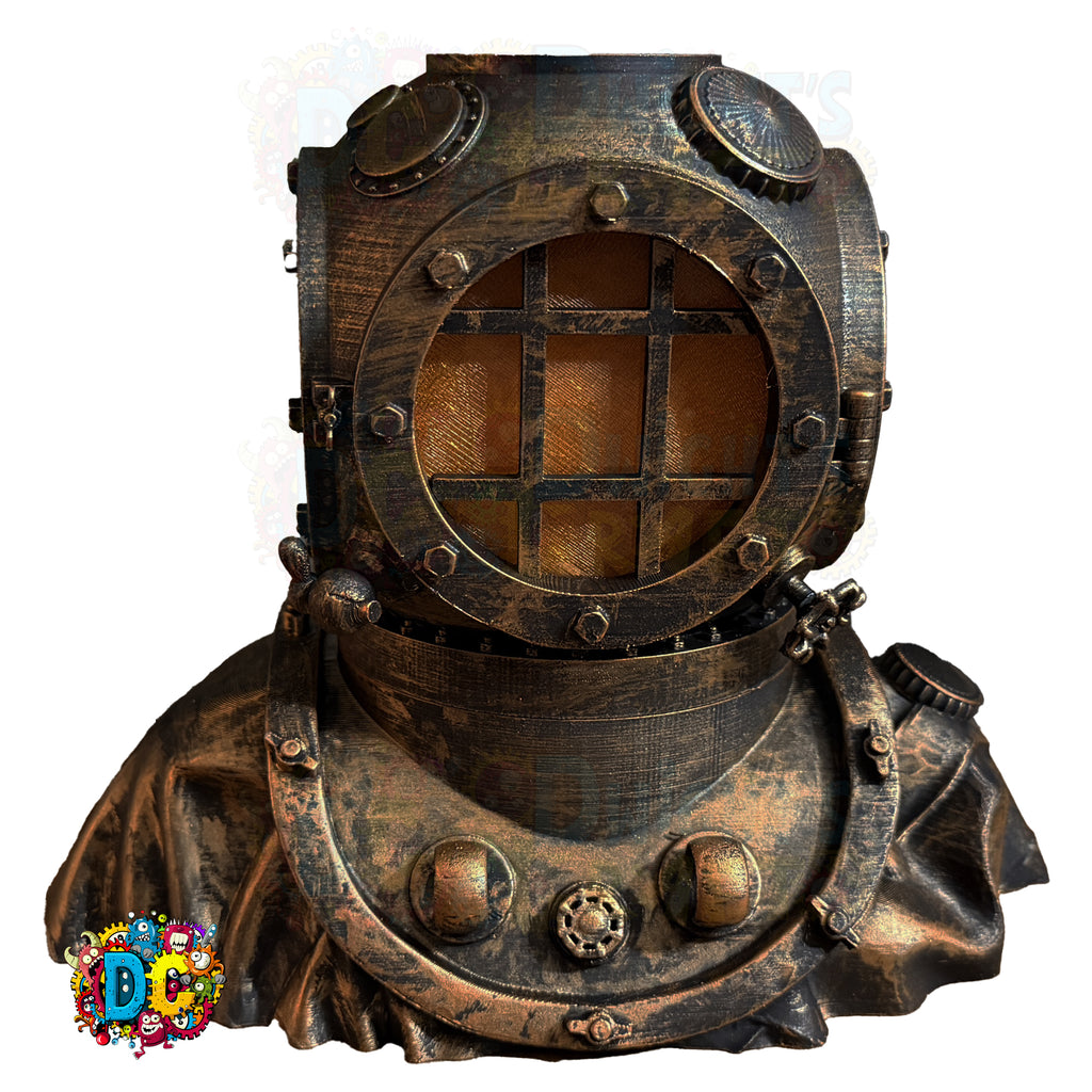 Steampunk-style diving helmet on a white background