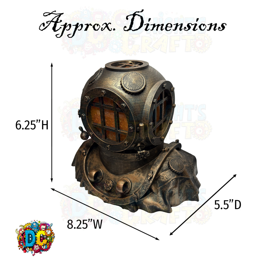 Decorative diving helmet with dimensions labeled on a white background