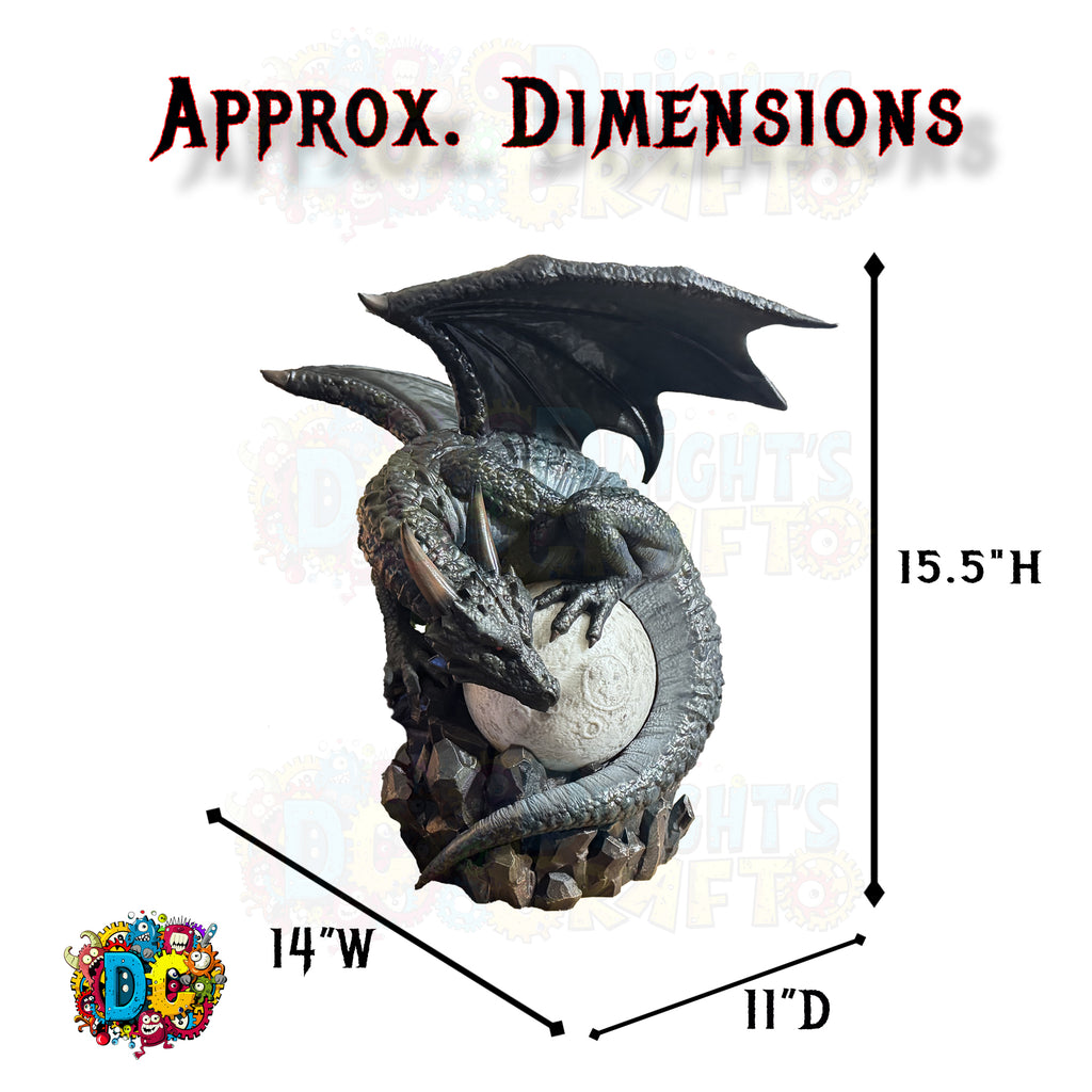 Dragon statue with dimensions labeled on a white background