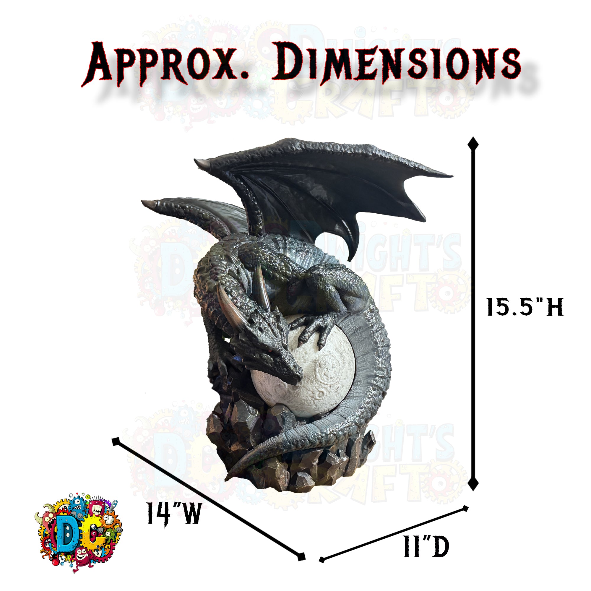 Dragon statue with dimensions labeled on a white background