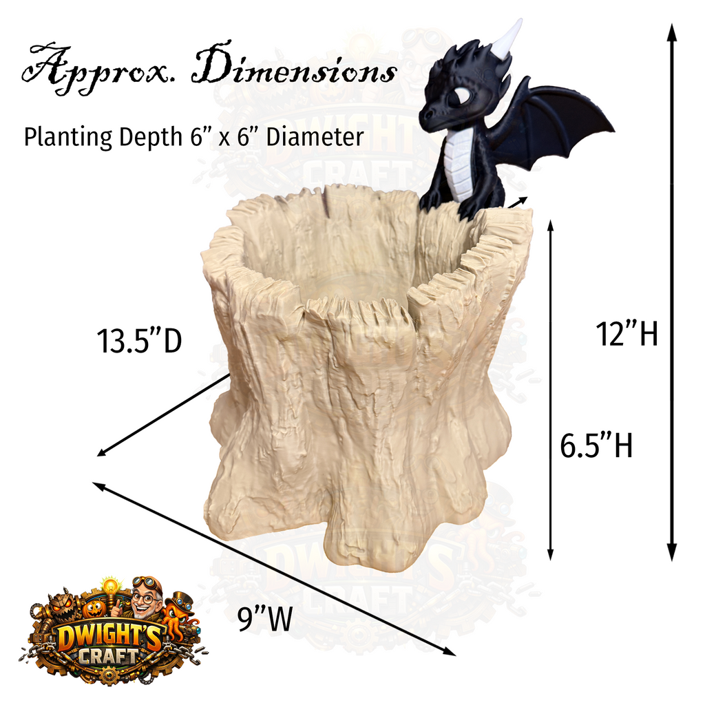 A product dimension diagram showing a fantasy tree stump planter with a small black dragon figurine perched on the rim. The image includes labeled dimensions for planting depth, height, and width, plus a visible 'Dwight's Craft' logo in the lower left on a white background.