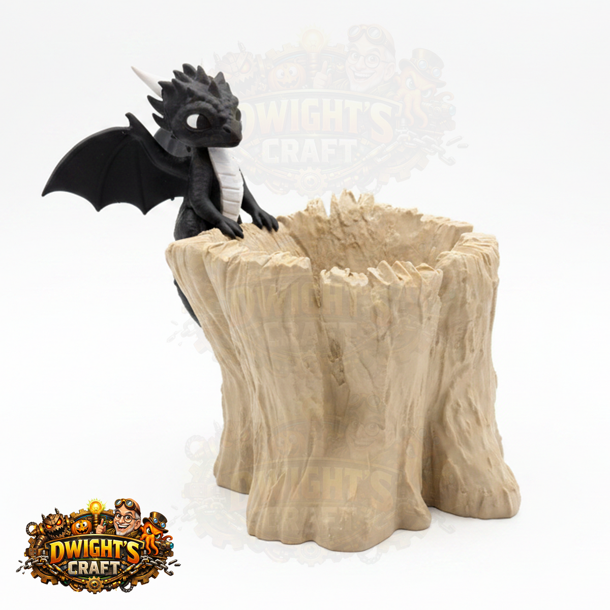 A fantasy figurine of a black dragon with white underbelly and horns, perched on a beige tree stump base. The image has a white background with a faint 'Dwight's Craft' watermark and a 'Dwight's Craft' logo in the bottom-left corner.