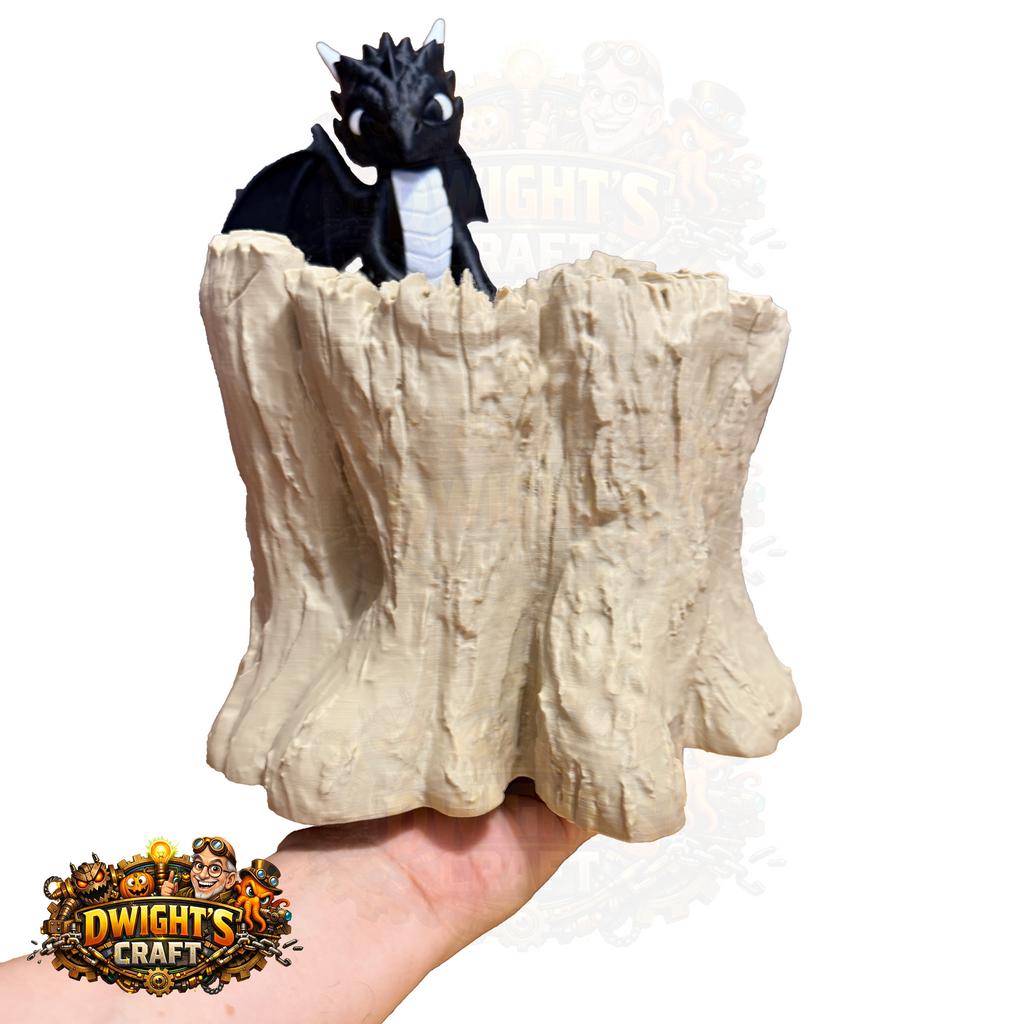 A hand holding a miniature black and white dragon figurine emerging from a textured beige rock or log base, shown against a white background with a 'Dwight's Craft' logo in the lower left corner.