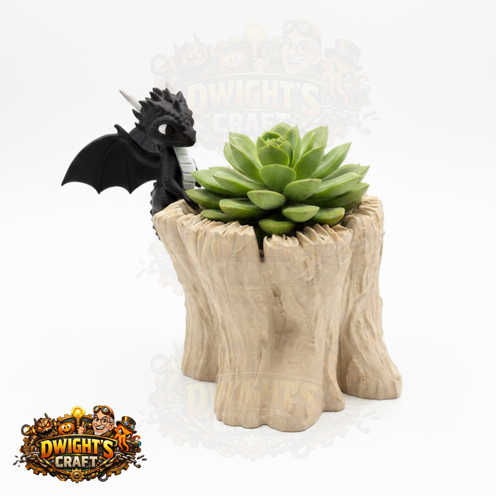 A small green succulent plant displayed in a faux tree stump planter, with a black dragon figurine perched on the left side. The set is photographed on a clean white background with a faint 'Dwight's Craft' watermark behind it and a larger 'Dwight's Craft' logo in the bottom-left corner.