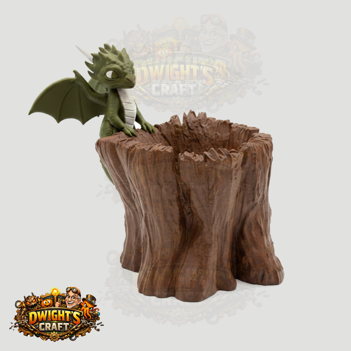 A collectible figurine of a green dragon perched on a brown tree stump base, shown on a light gray background with 'Dwight's Craft' branding.