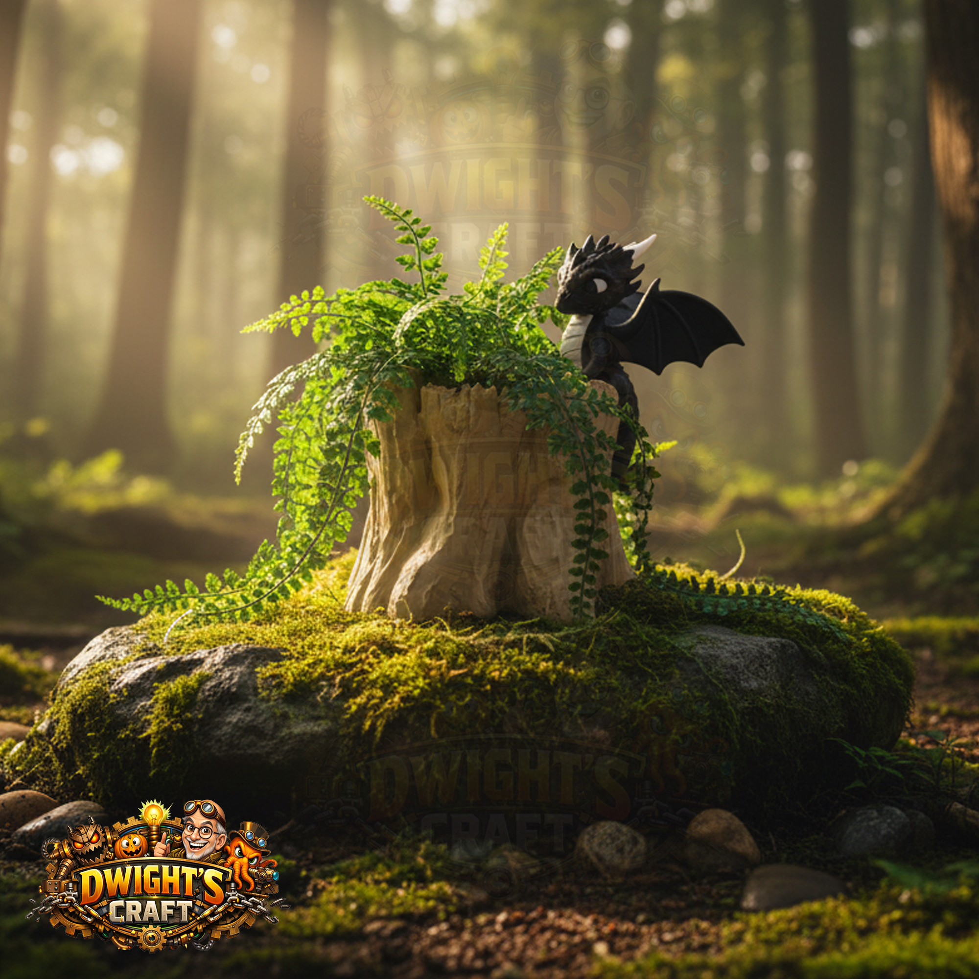 A fantasy garden figurine featuring a small black dragon perched on a mossy tree stump with green ferns, set on a rock in a sunlit forest. The 'Dwight's Craft' logo is visible in the bottom-left corner.