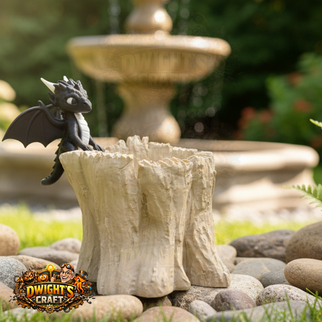A small black dragon figurine perched on a beige faux-stone pedestal outdoors among rocks and grass, with a blurred fountain in the background. A 'Dwight's Craft' logo appears in the lower left corner.