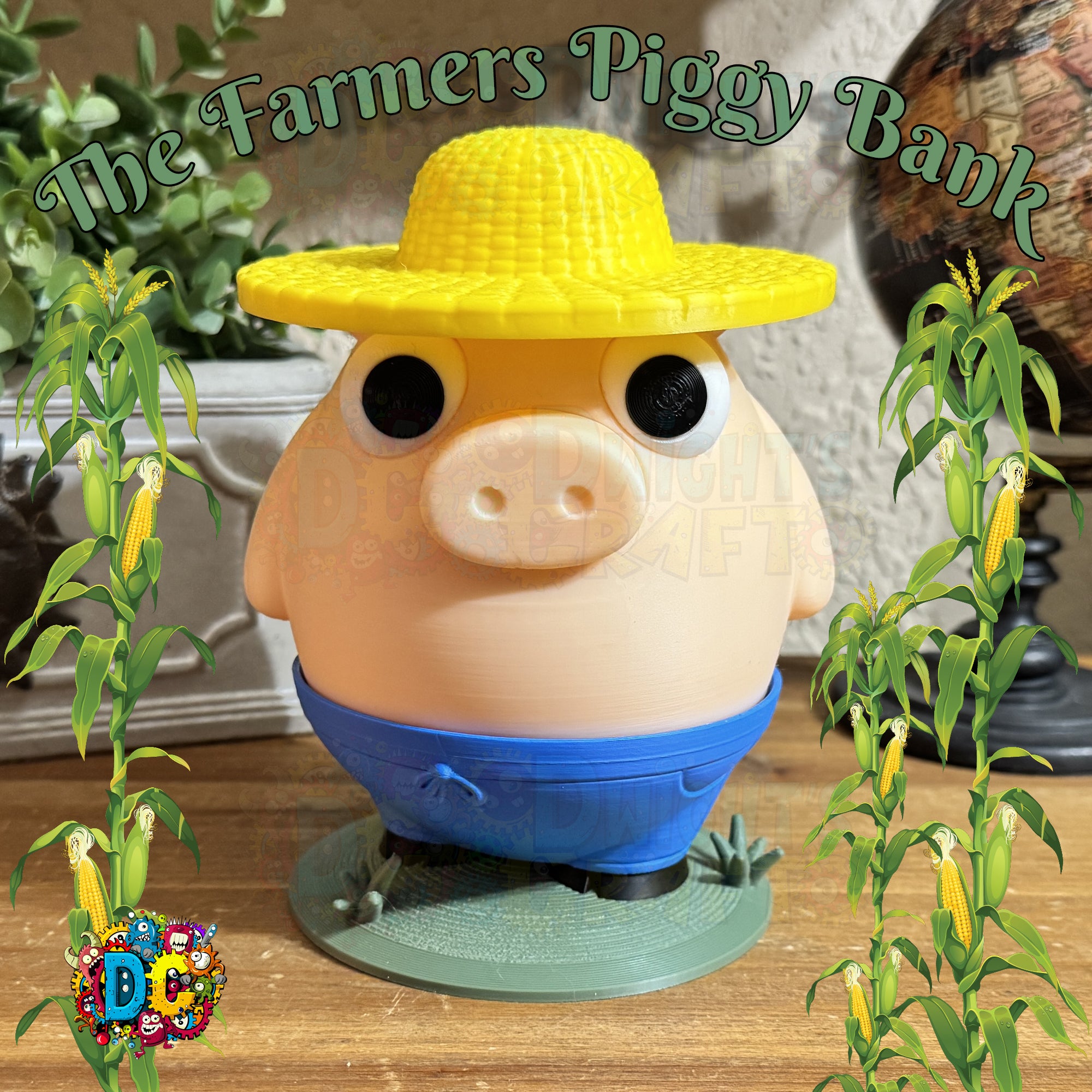 Piggy bank with a yellow hat on a wooden surface with plants around