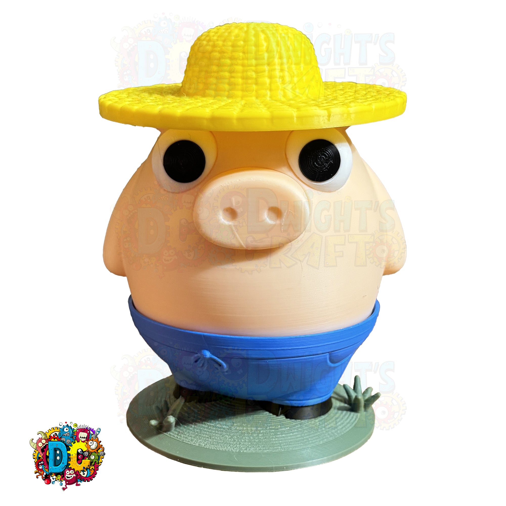 Toy pig with a yellow hat and blue overalls on a white background