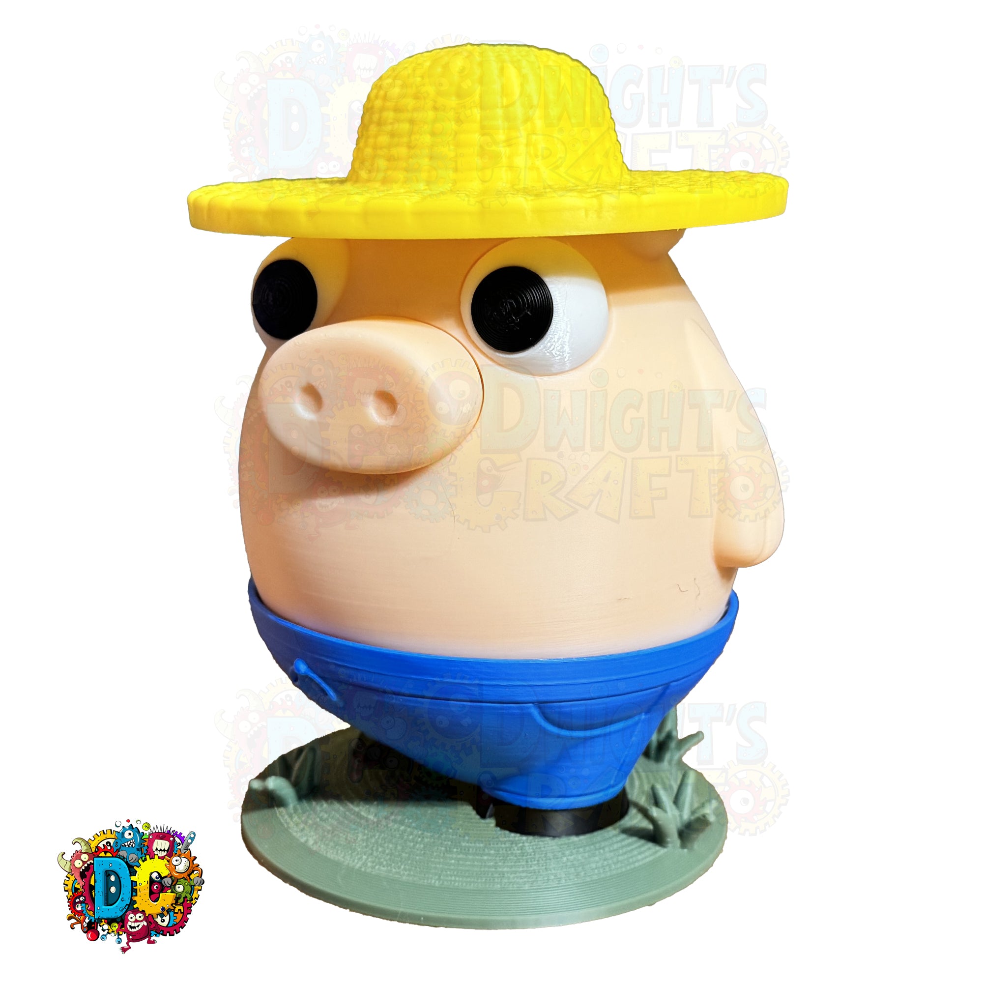 Toy pig with a yellow hat and blue overalls on a white background