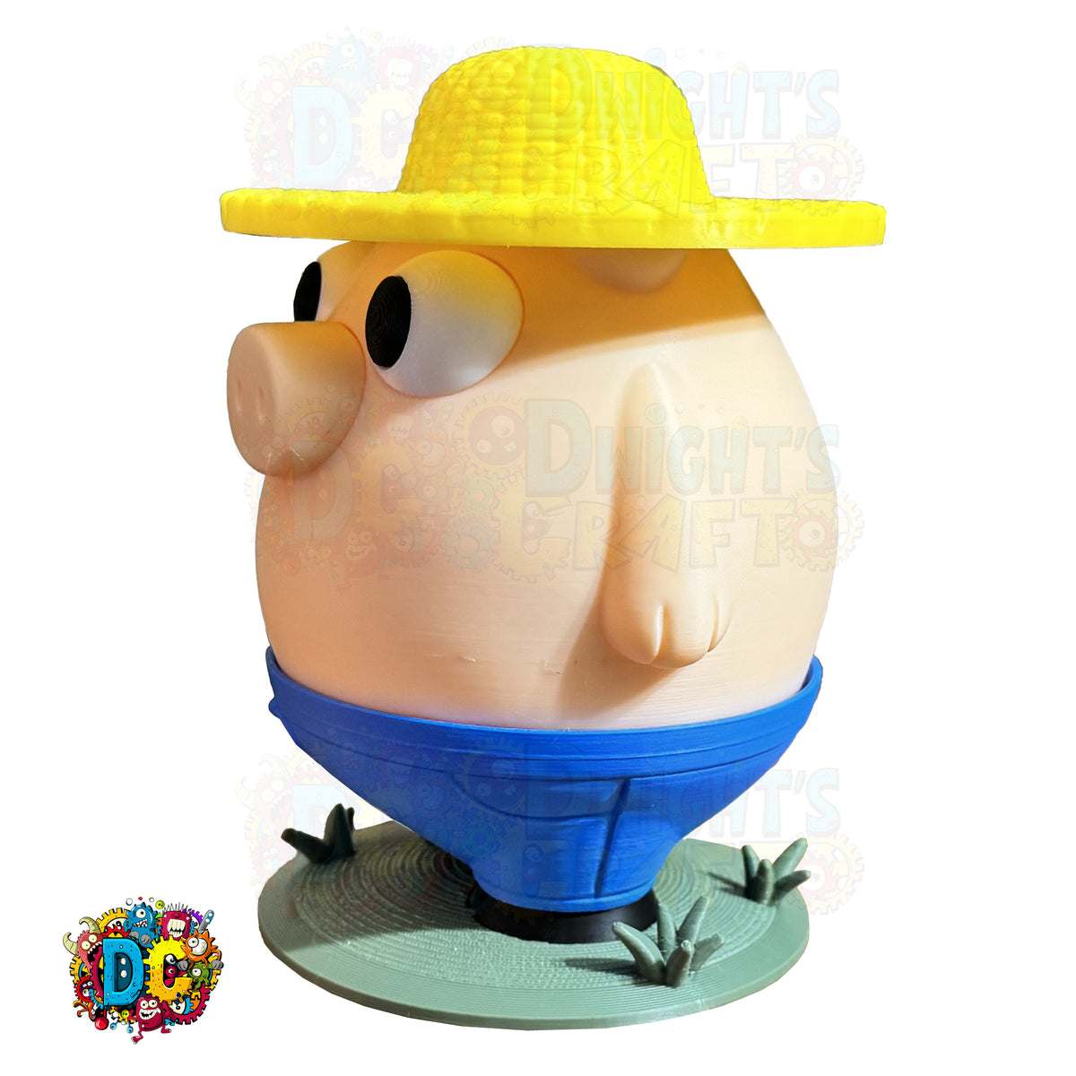 Cartoonish character with a yellow hat and blue shorts on a white background