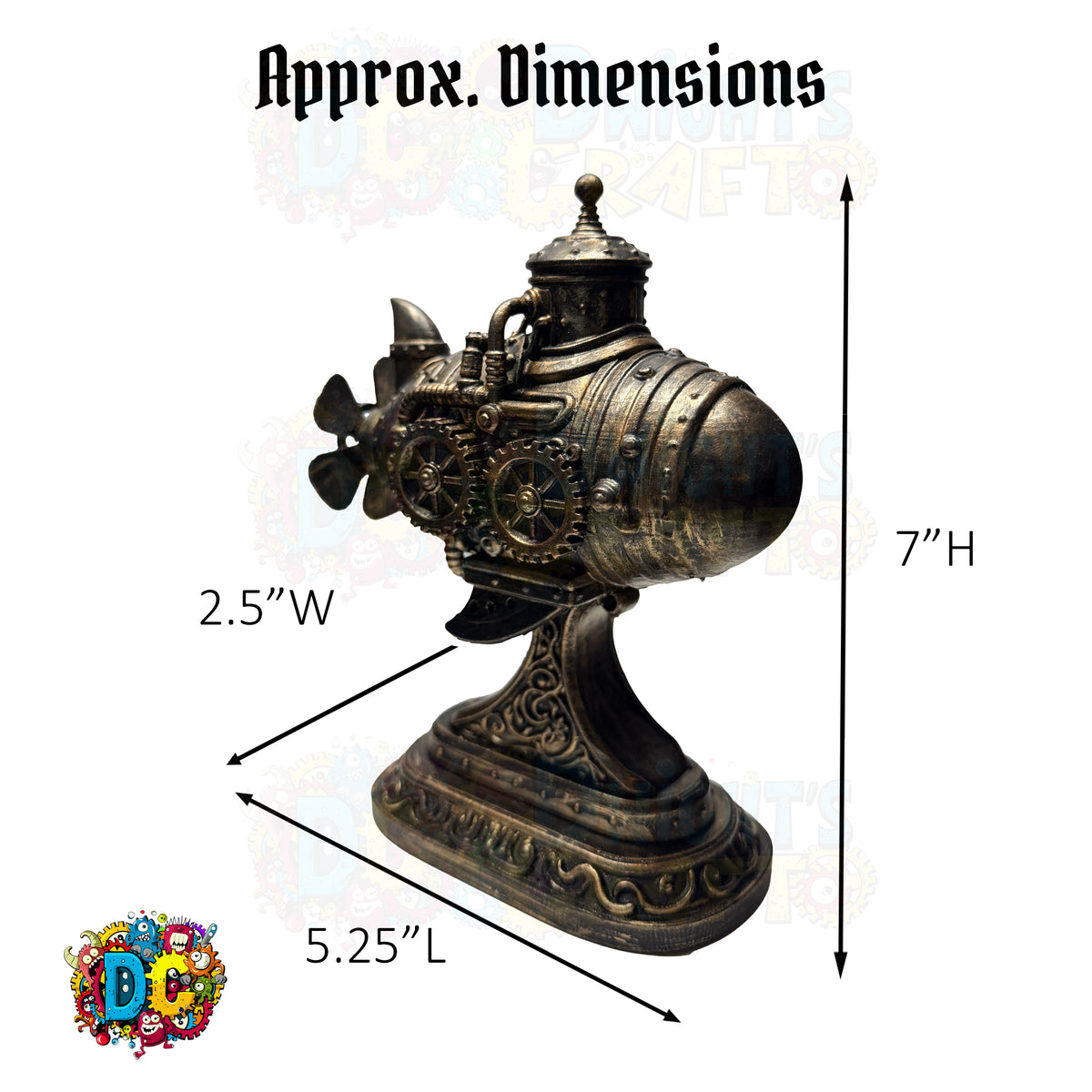 Decorative engine sculpture with dimensions labeled on a white background