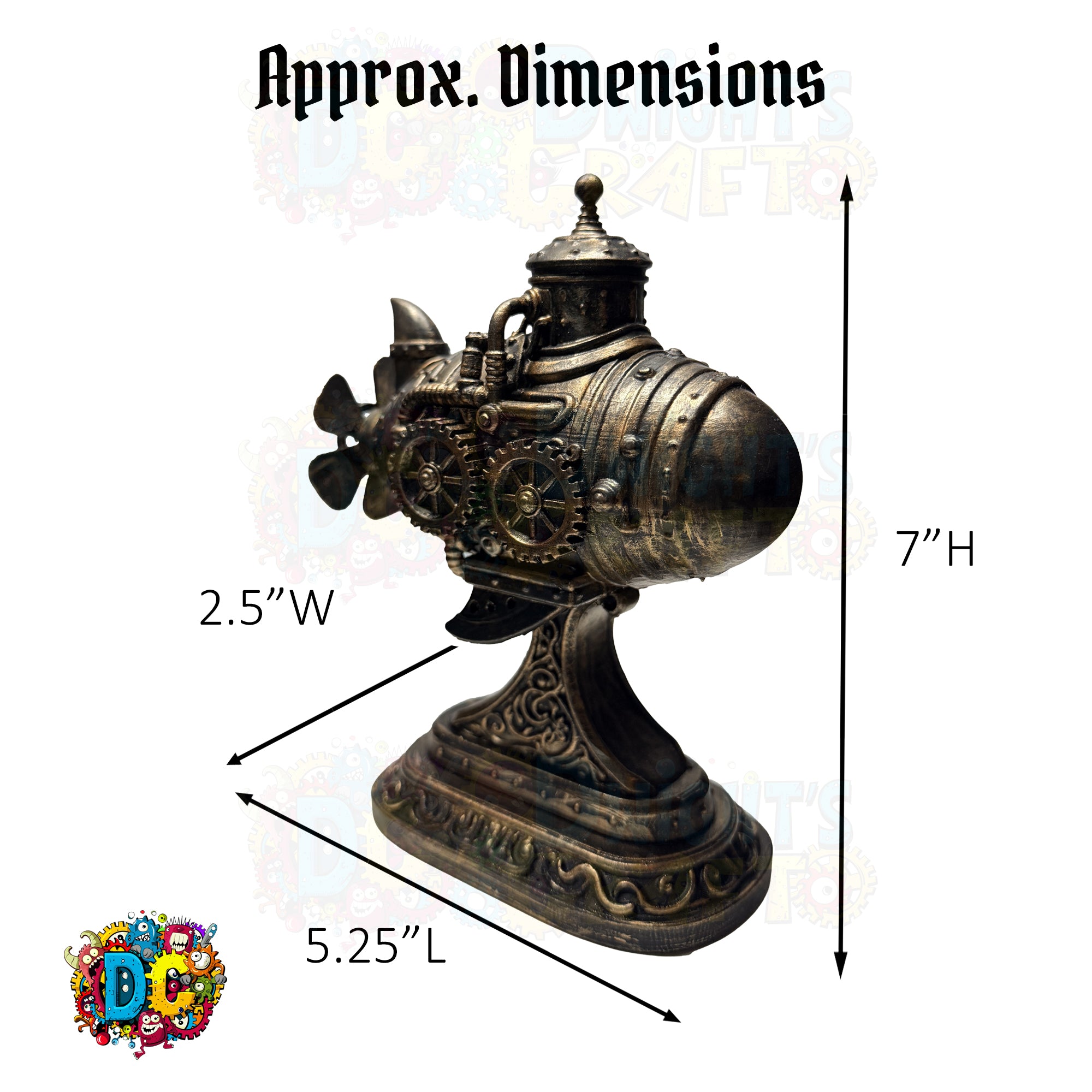 Decorative engine sculpture with dimensions labeled on a white background