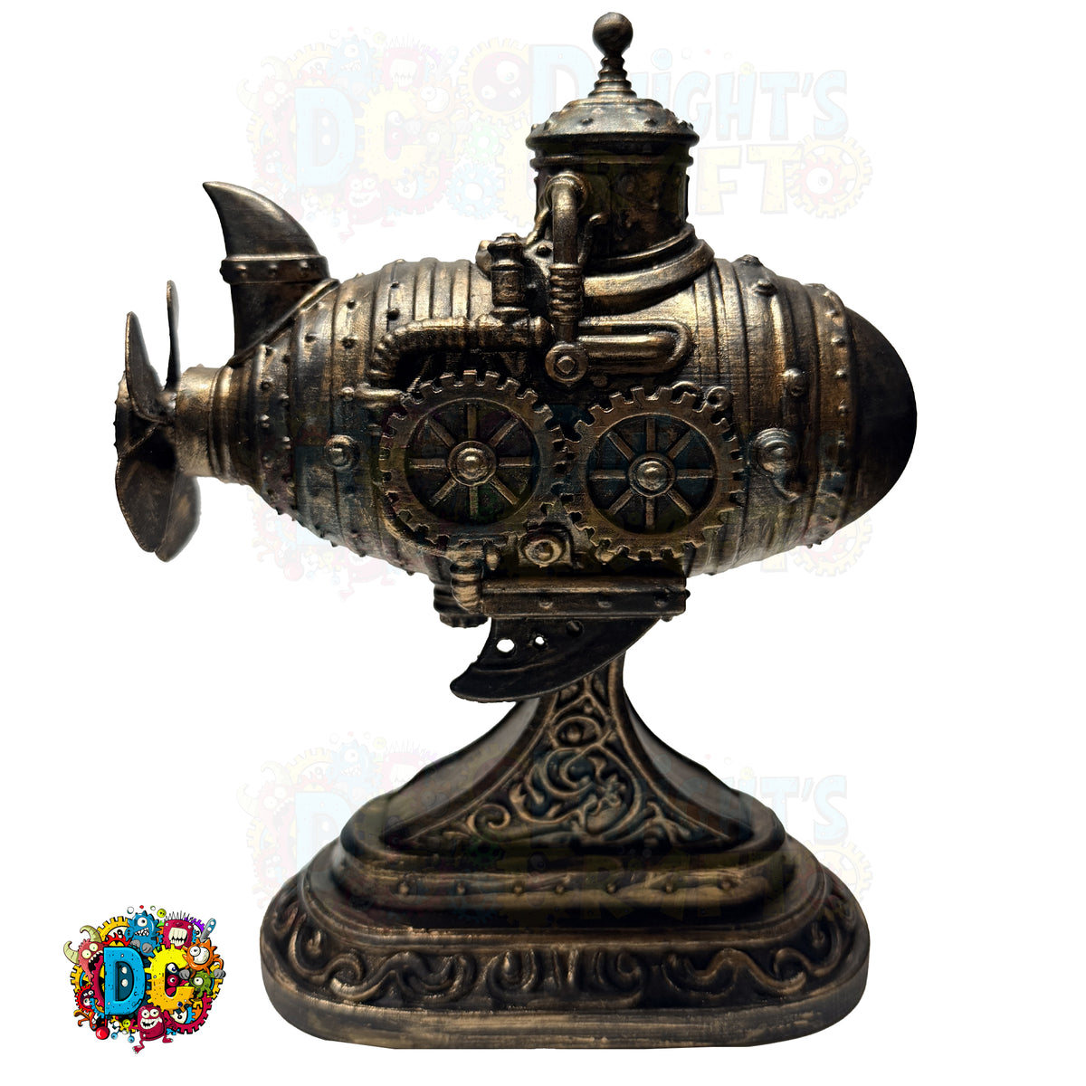 Decorative steampunk-style engine sculpture on a white background