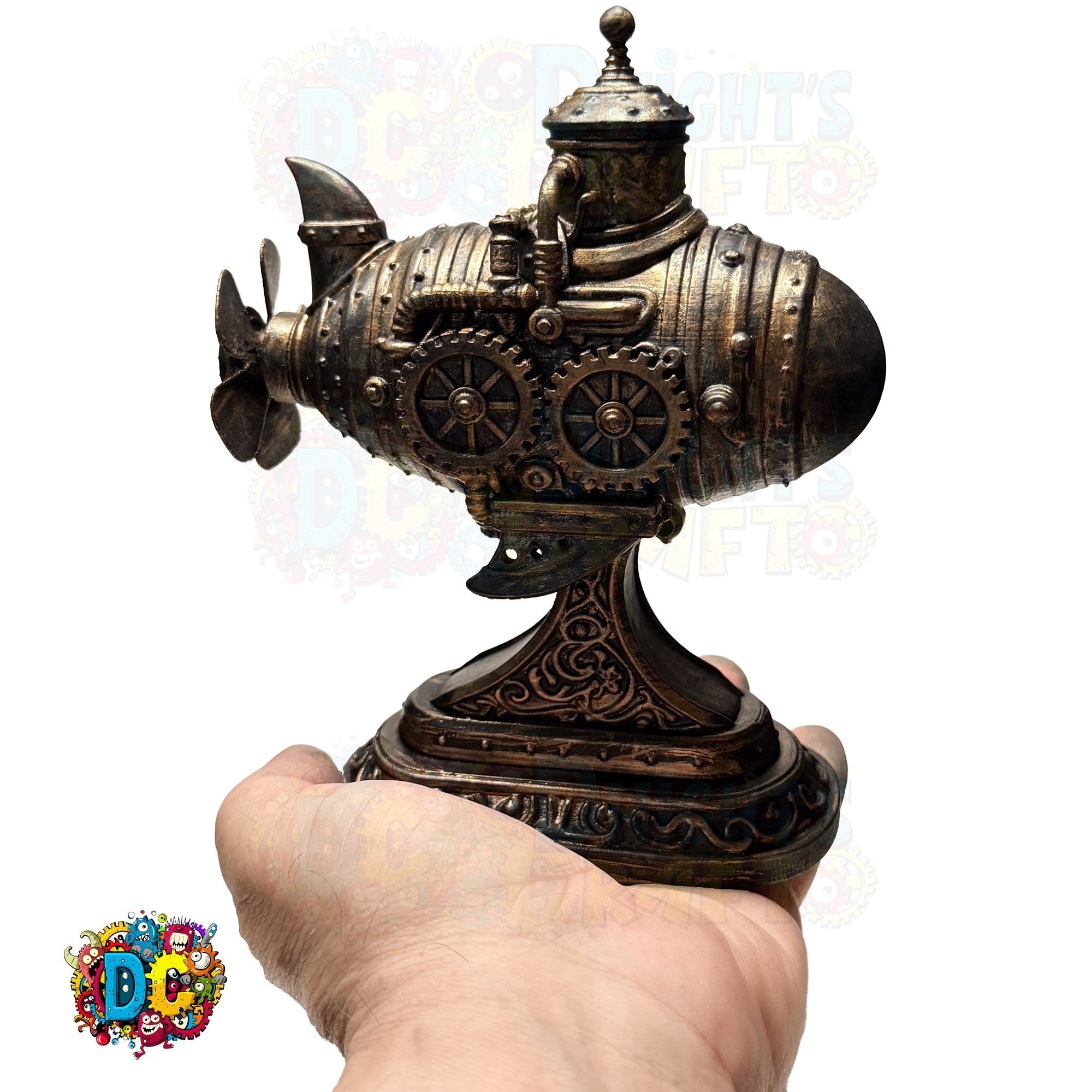 Steampunk-style model of a submarine held in a hand against a white background
