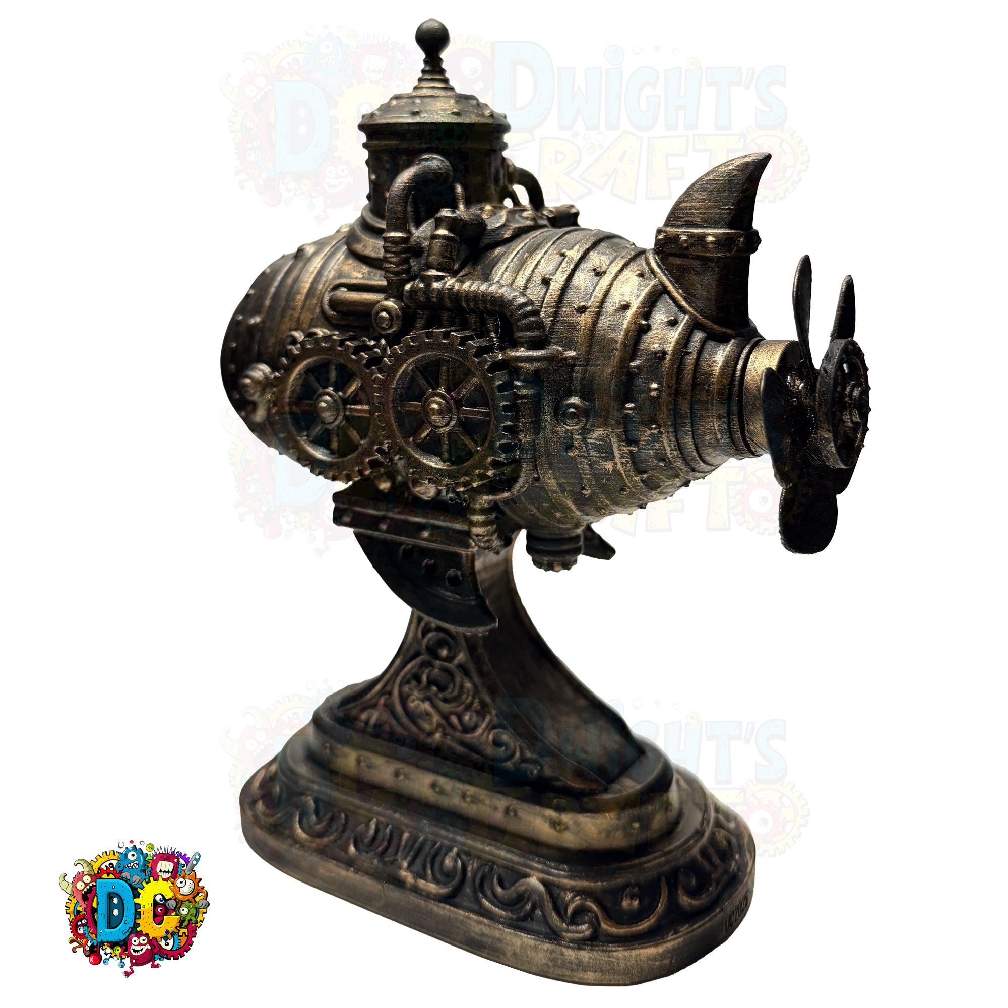 Decorative steampunk-style engine sculpture on a white background