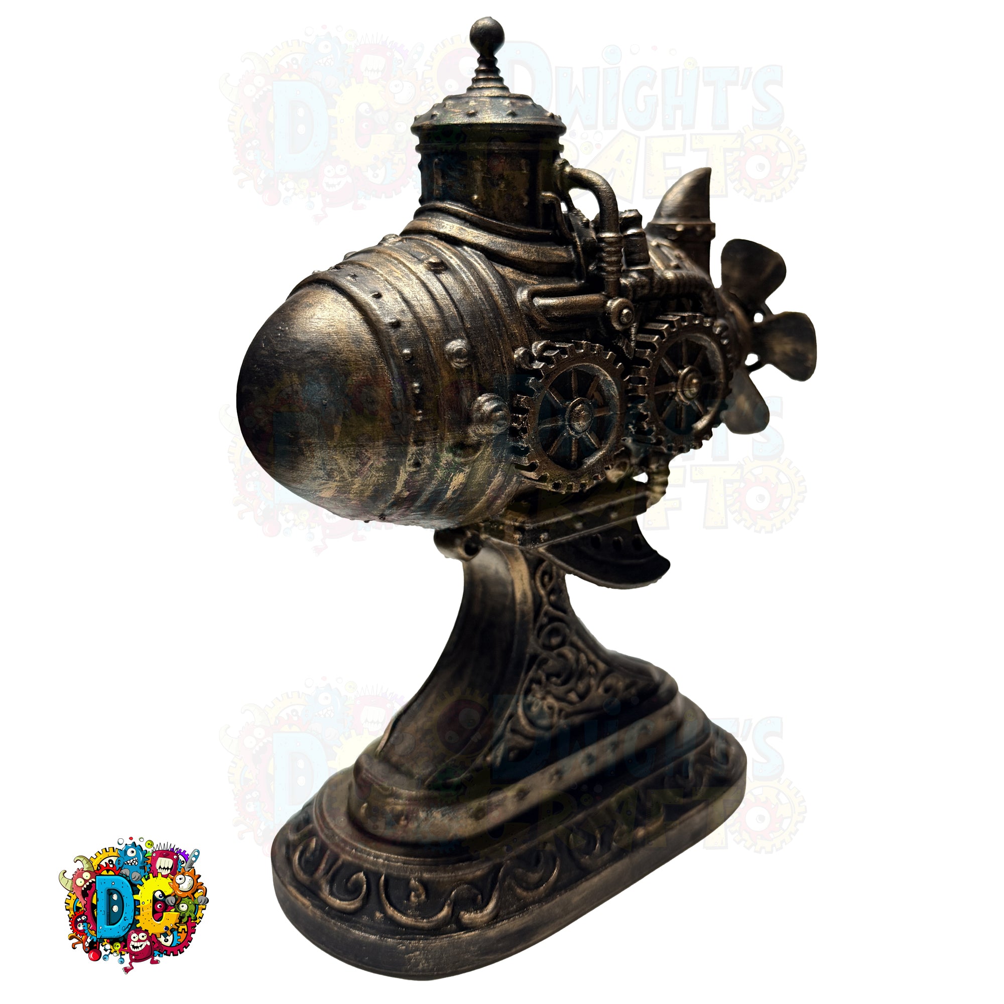 Decorative steam engine model on a white background