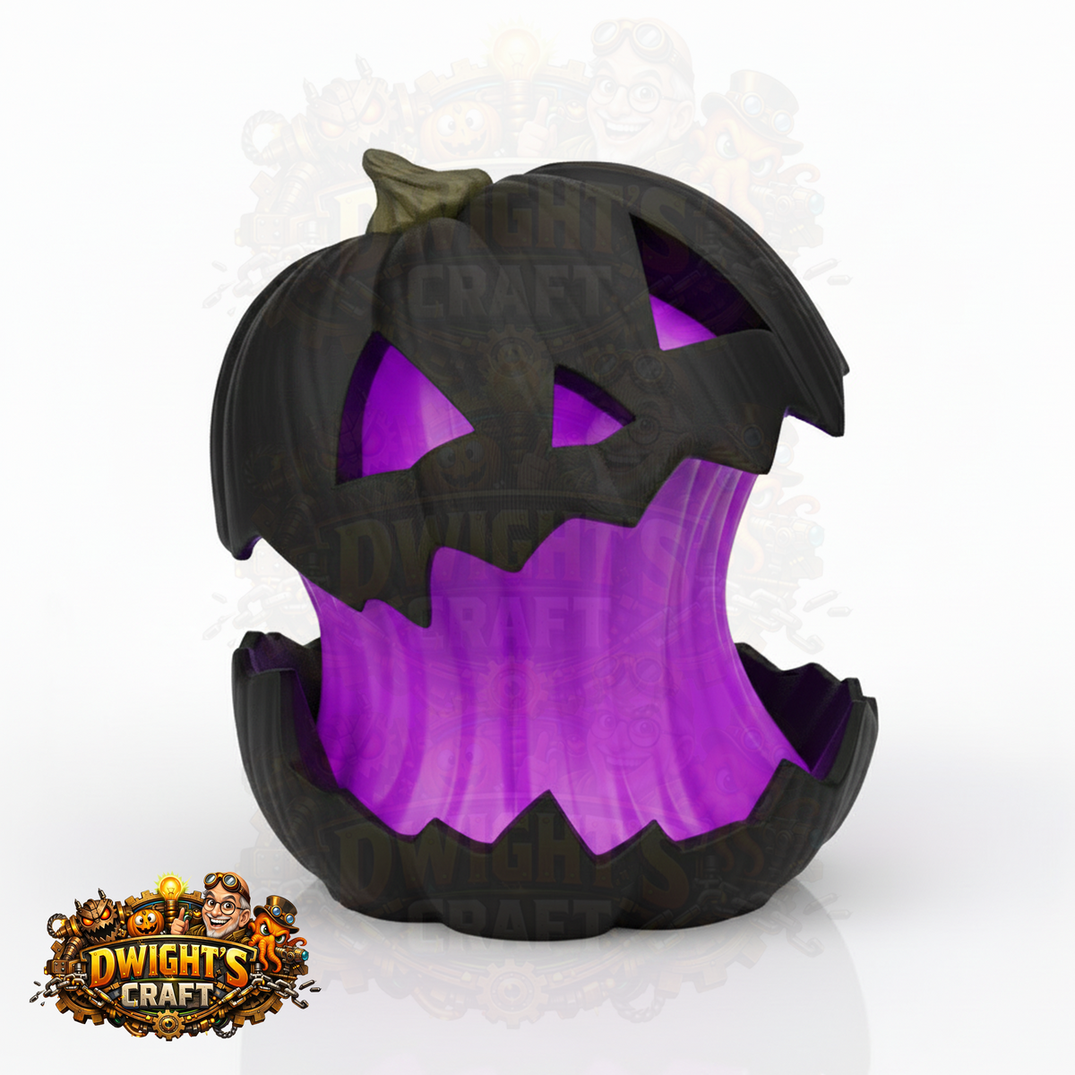 A black jack-o'-lantern-shaped container or candle holder with a glowing purple interior, shown on a white background with a visible 'Dwight's Craft' logo in the lower-left corner.