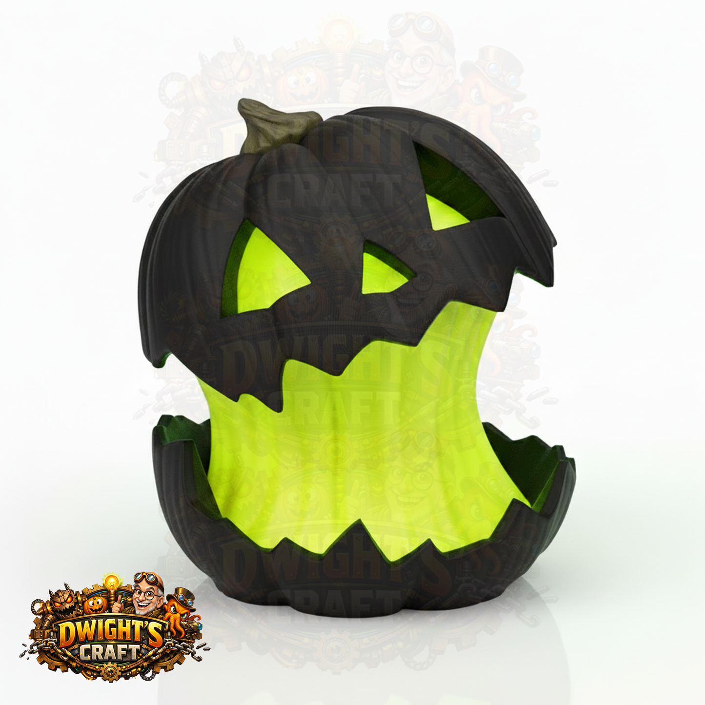 A black jack-o'-lantern pumpkin with a glowing neon green interior, shown on a white background with a 'Dwight's Craft' logo in the bottom-left corner.