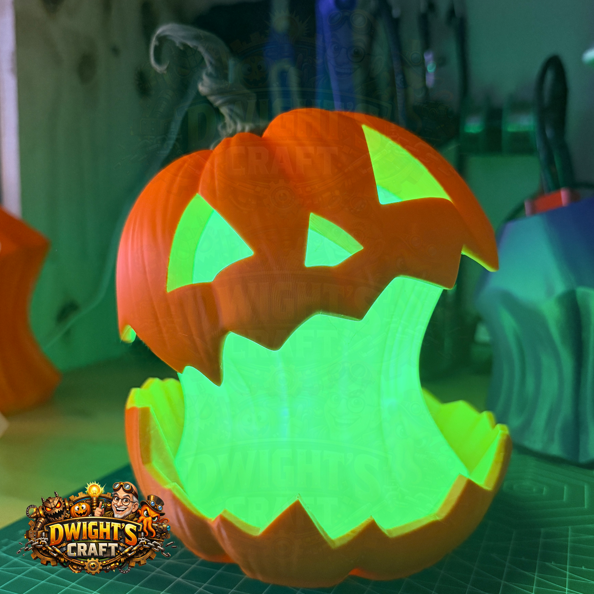 A glowing orange jack-o'-lantern pumpkin with a carved mouth that is open and emitting bright green light, photographed in a workshop-like setting. A 'Dwight's Craft' logo is visible in the lower-left corner.