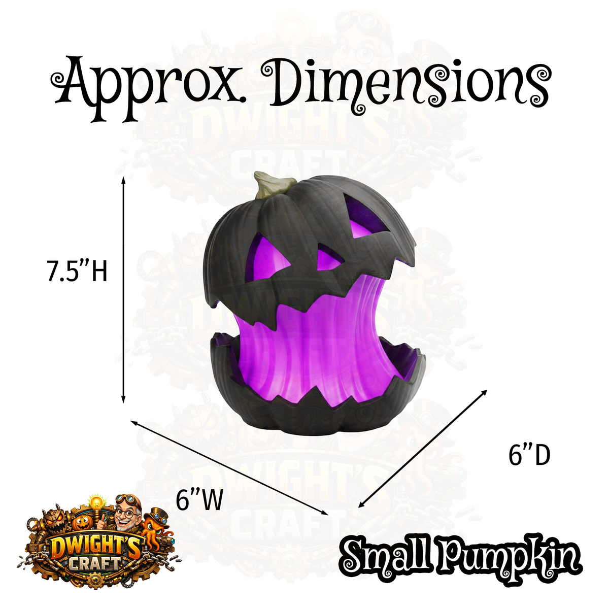 A product dimension graphic showing a small carved jack-o'-lantern pumpkin with arrows and text indicating approximate measurements: 7.5 inches high, 6 inches wide, and 6 inches deep.