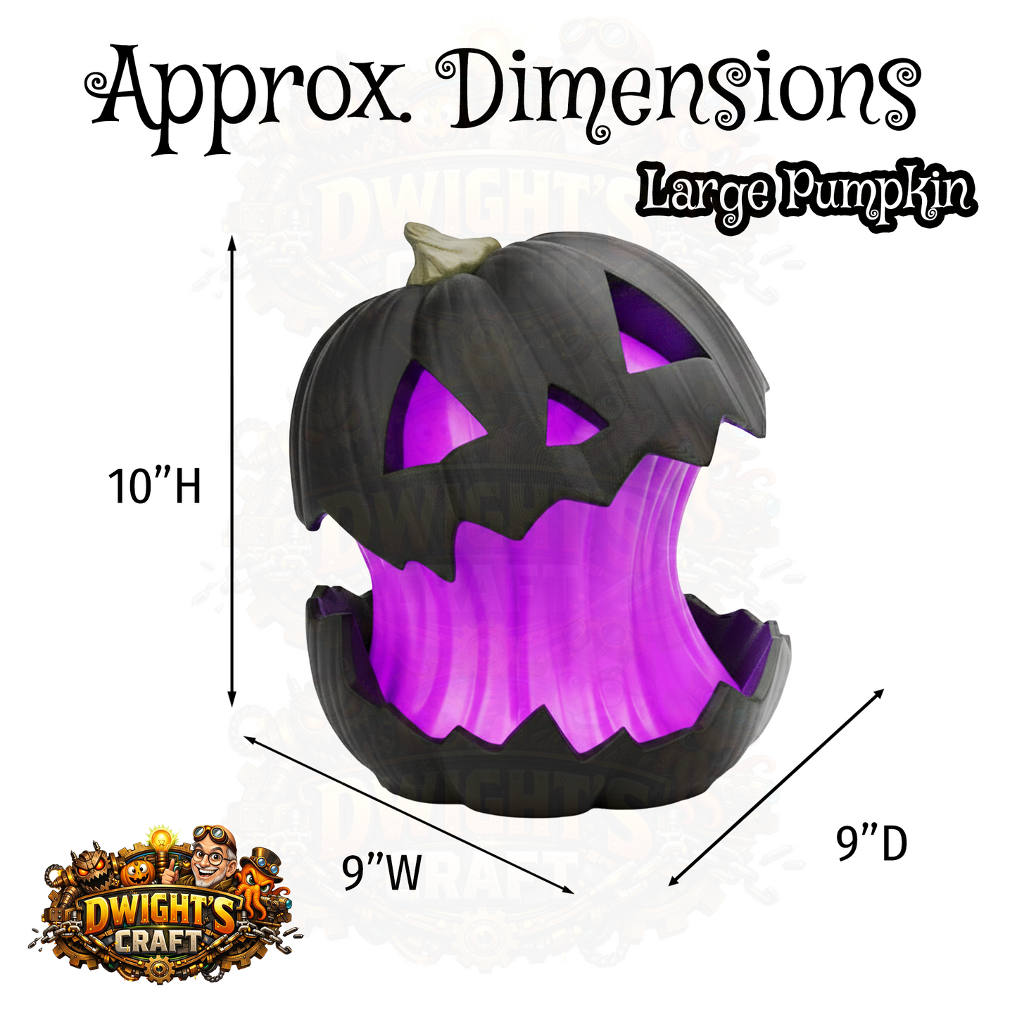 A large jack-o'-lantern Halloween decoration with a black carved pumpkin exterior and glowing purple interior, shown with dimension arrows and text reading 10"H, 9"W, and 9"D. The image includes the text 'Approx.