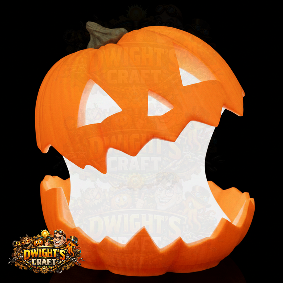 An orange jack-o'-lantern pumpkin-shaped light with carved triangular eyes and a large jagged mouth, glowing from within against a black background. A 'Dwight's Craft' logo appears in the lower-left corner.
