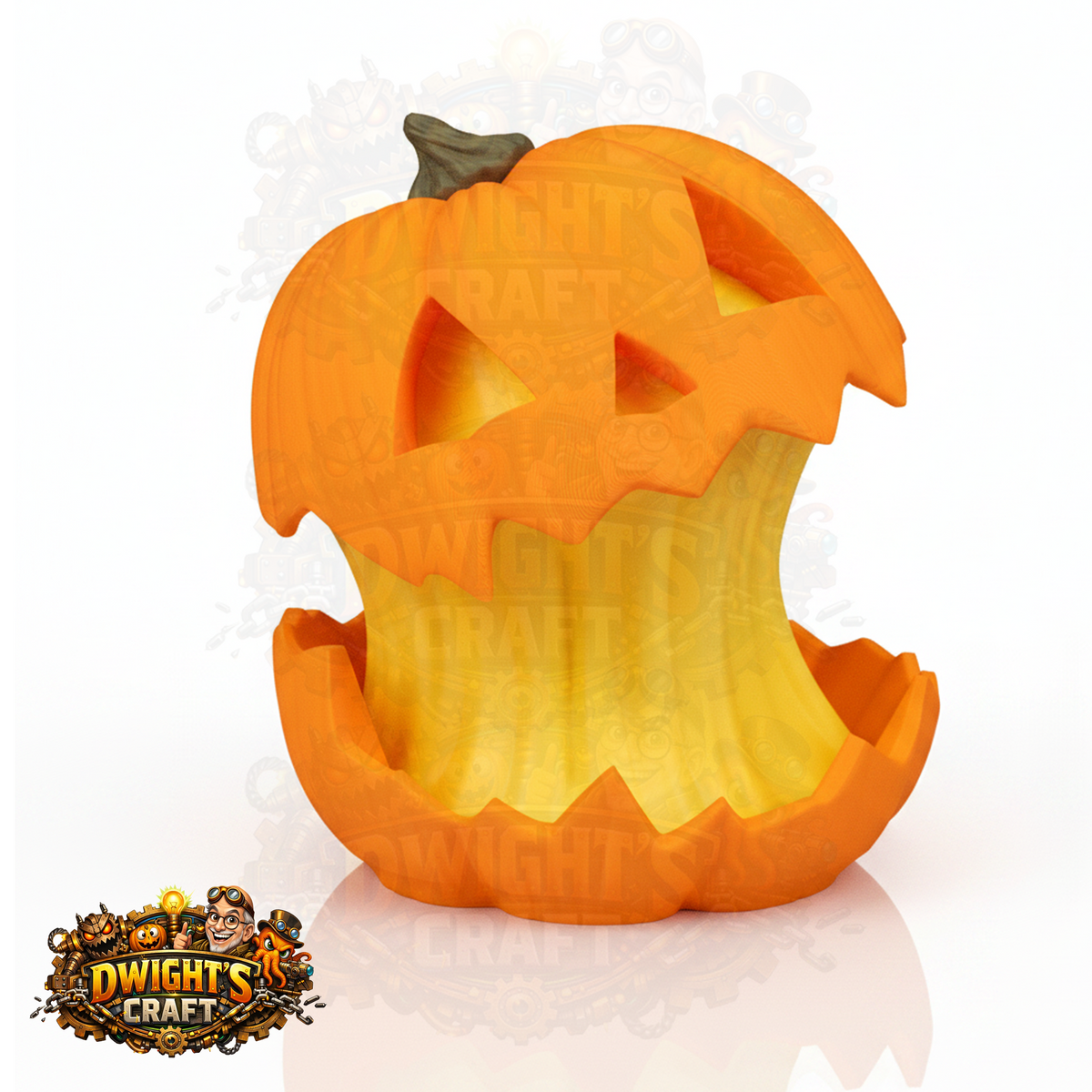 A carved jack-o'-lantern pumpkin made from a hollowed-out orange pumpkin core, with a small dark stem on top, shown on a white background with a faint 'Dwight's Craft' watermark and a logo in the lower left corner.