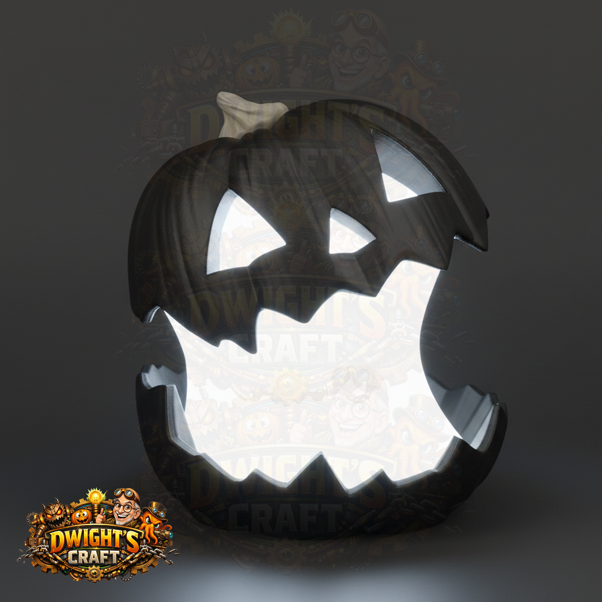 A black jack-o'-lantern pumpkin-shaped light with a glowing white interior, shown on a dark gray background. A stylized 'Dwight's Craft' logo appears in the lower-left corner.