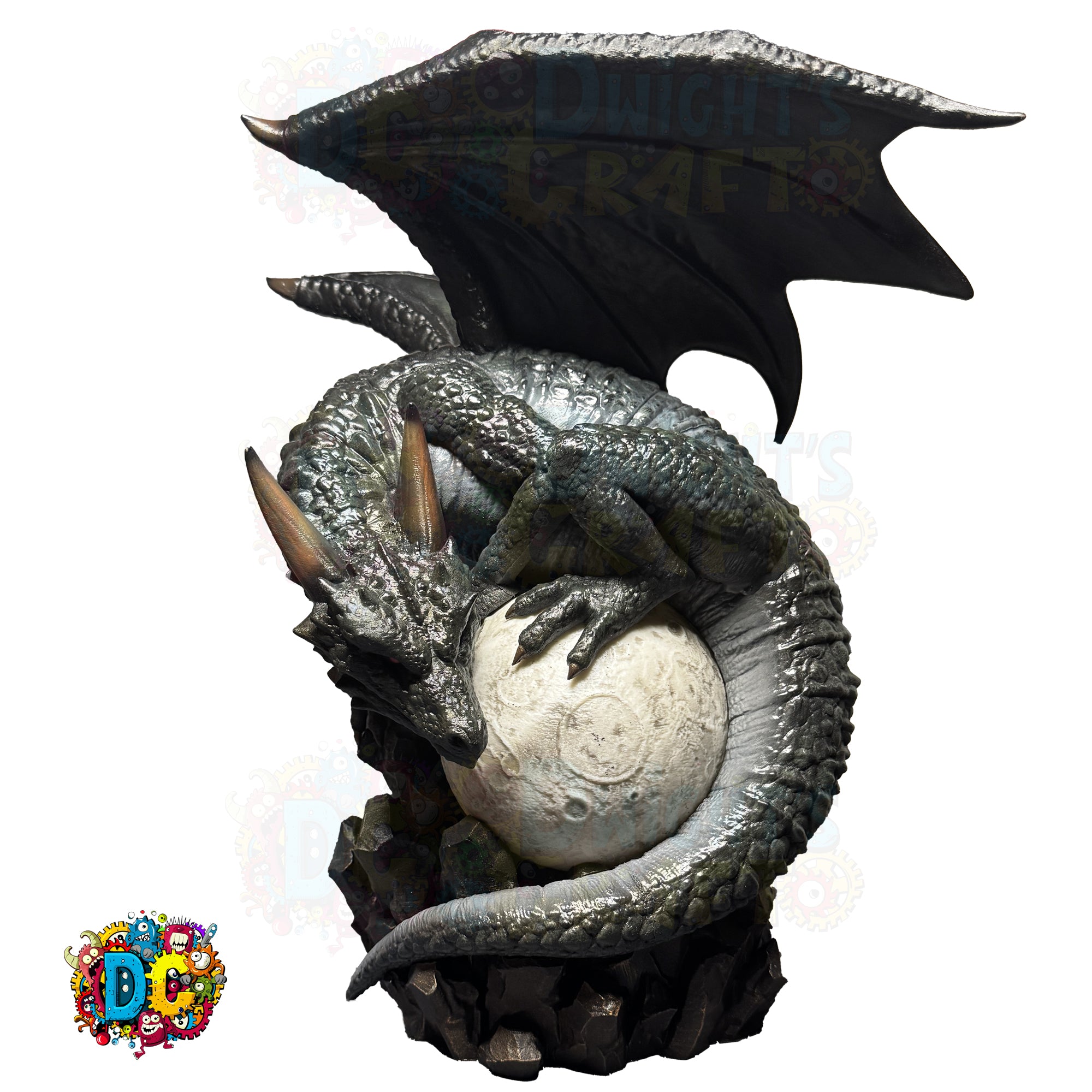 Dragon statue with wings spread, holding a sphere on a white background