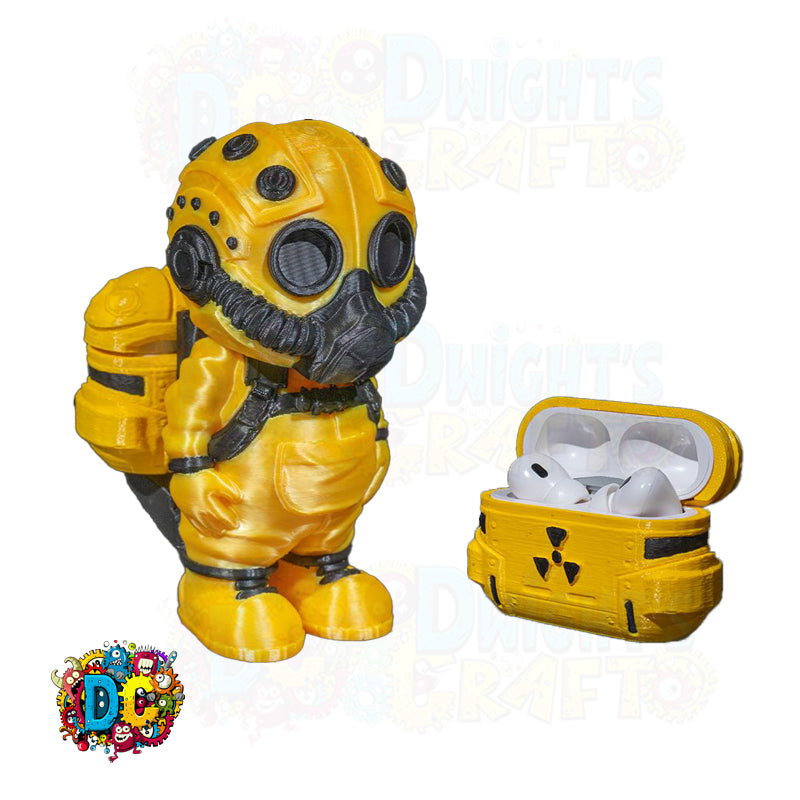 Yellow and black character with a case containing white earbuds on a white background