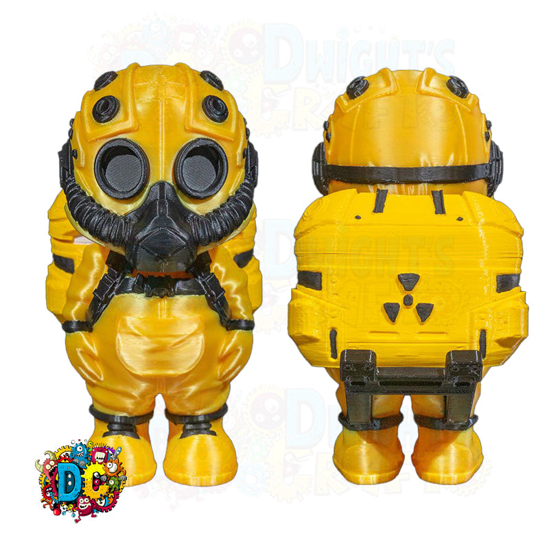 Yellow hazmat suit with black details on a white background