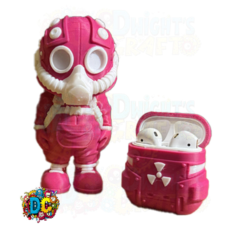 Pink gas mask-shaped case with open lid revealing white earbuds on a white background.